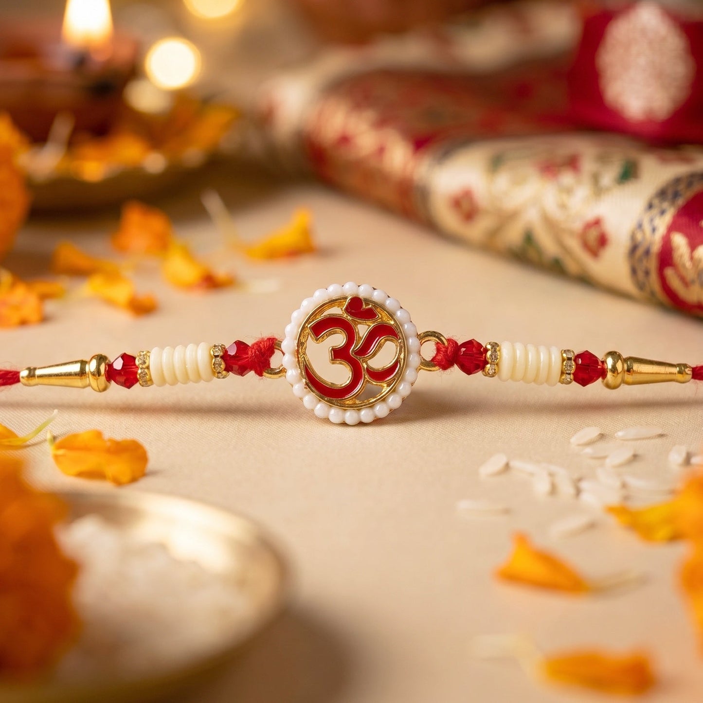 Side angle view of OM Symbol Pearl Frame Rakhi