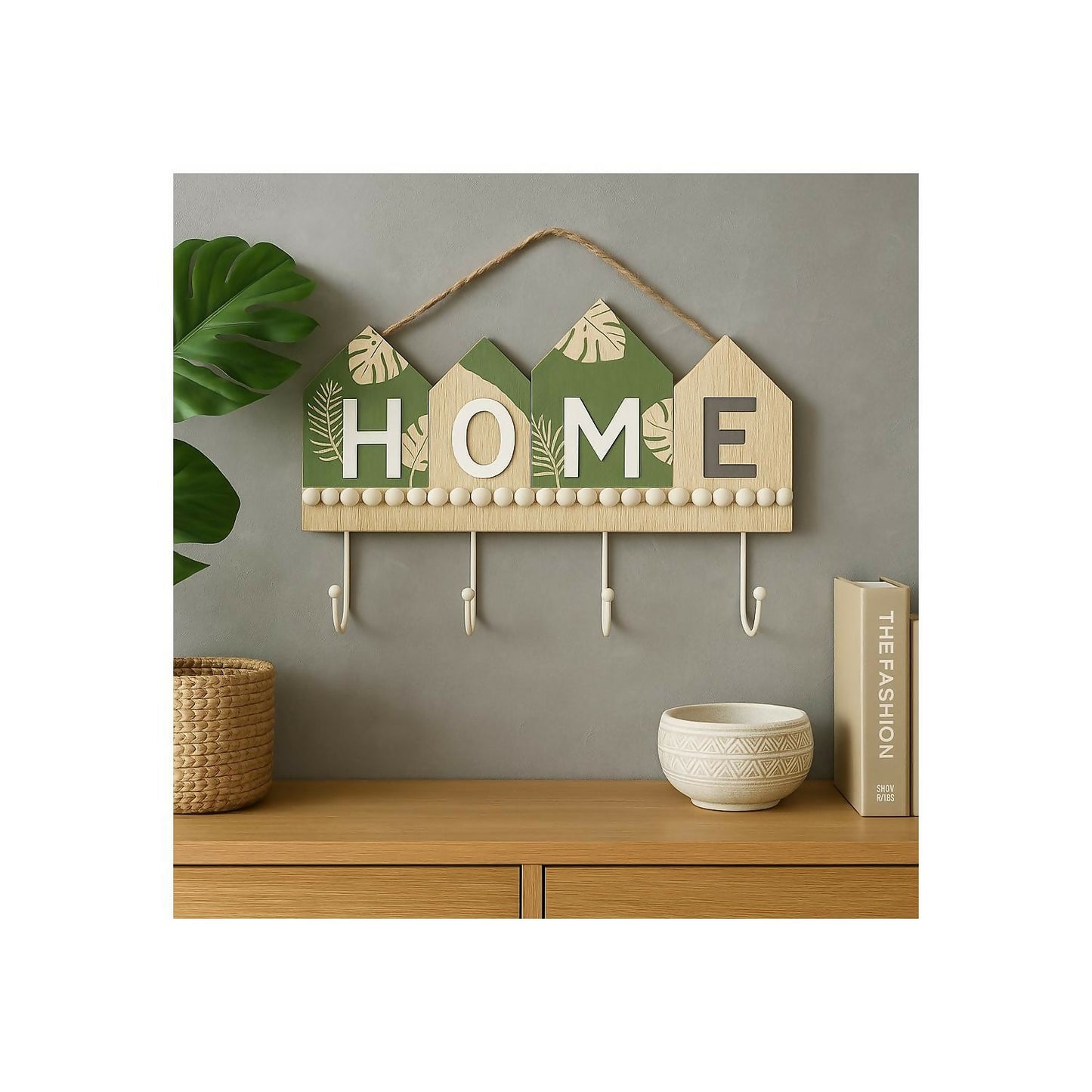 Rustic Wooden Wall Key Holder with “HOME†Letter Design – Decorative Wall Hanging with 4 Sturdy Hooks and Rope Hanger – Ideal for Entryway, Living Room, Kitchen, Bedroom, Office, and Housewarming Gifting