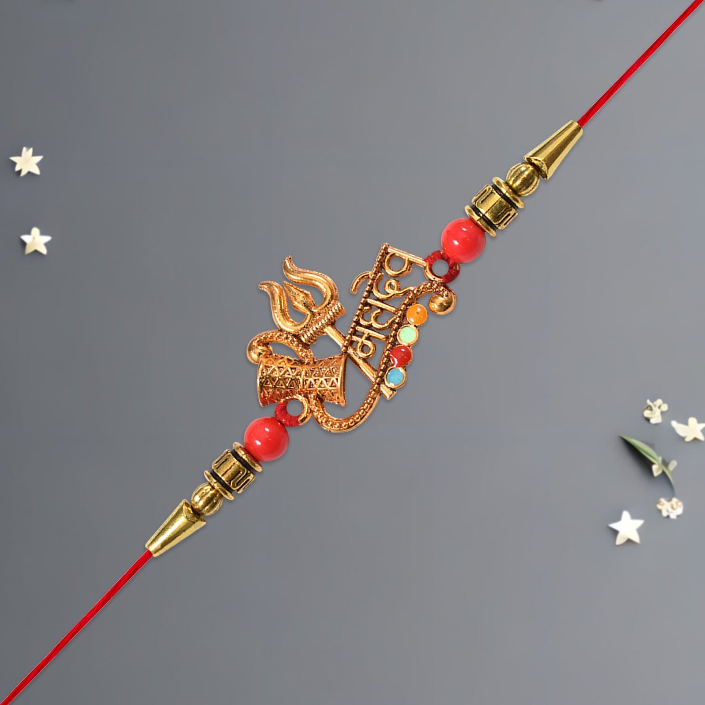Detailed view of Shiv Rakhi Trishul Damru Design showcasing intricate handiwork