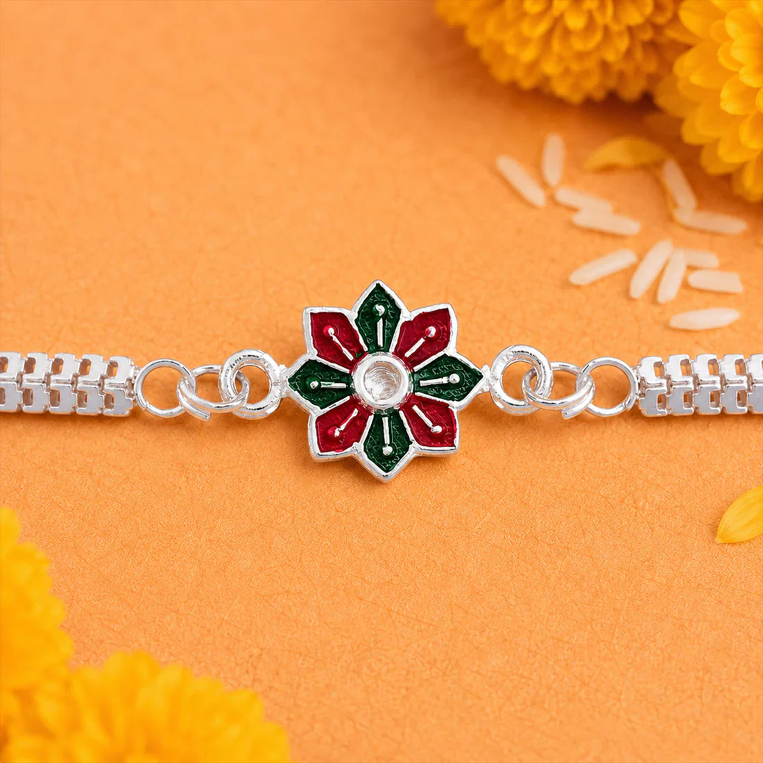 Silver Floral Rakhi Bracelet – Elegant Sibling Bond Symbol For Raksha bandhan