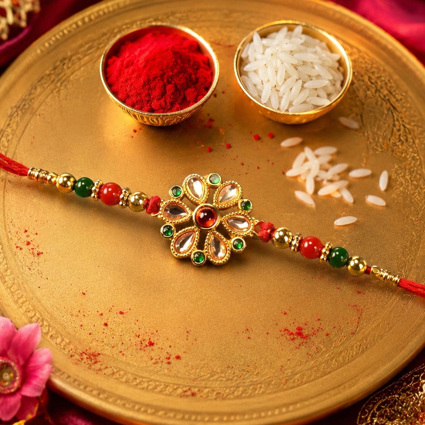 Exquisite floral Kundan Rakhi with red and green beads, showcasing its golden finish.