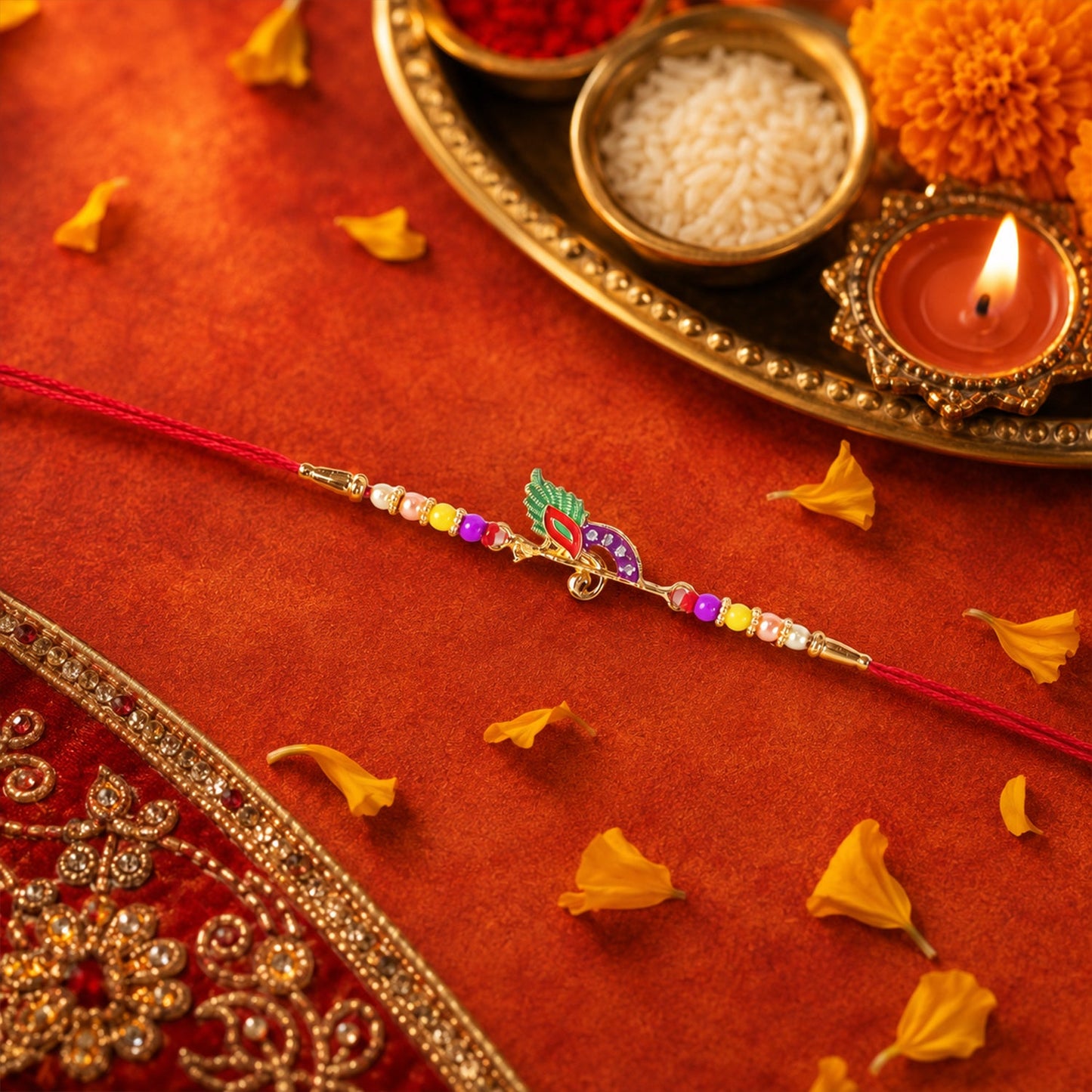 Traditional Rakhi with bird centerpiece and colorful beads
