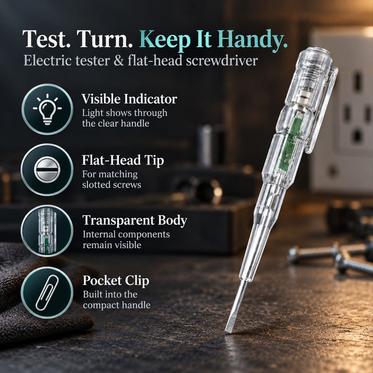 Electric Tester Screwdriver with Clear Handle and Pocket Clip Tool (1 Pc)