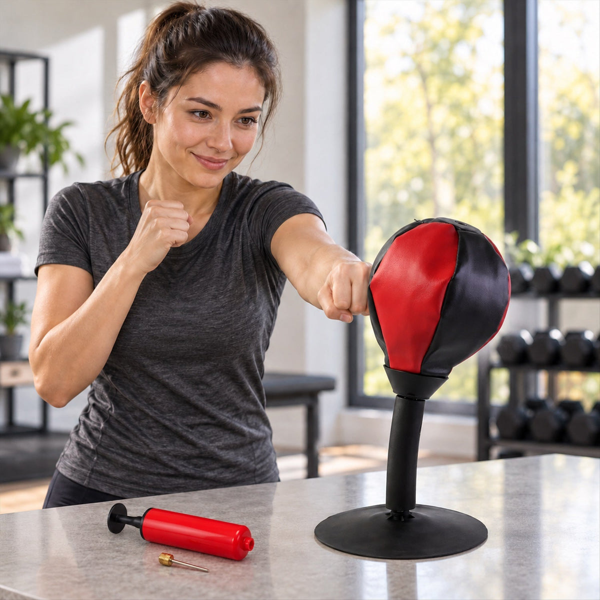 A woman in a grey shirt punches a red and black desktop punching ball on a counter, with a red pump nearby.