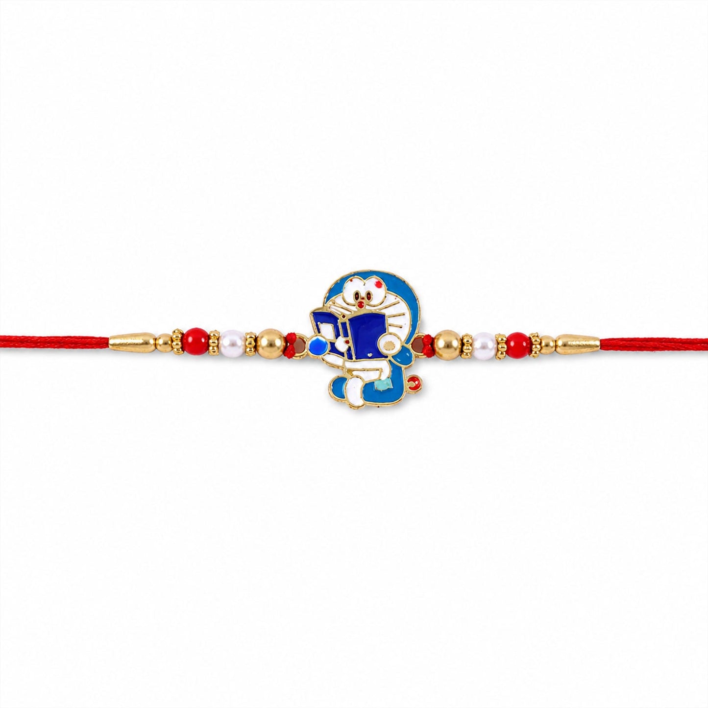 Side angle of Doraemon Kids Rakhi highlighting detail of beads and charm.