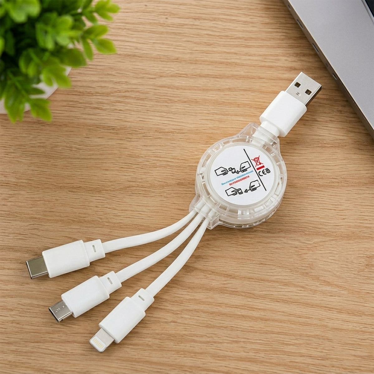 Retractable USB Charging Cable with Type C, Micro USB & Lightning (3 in 1)