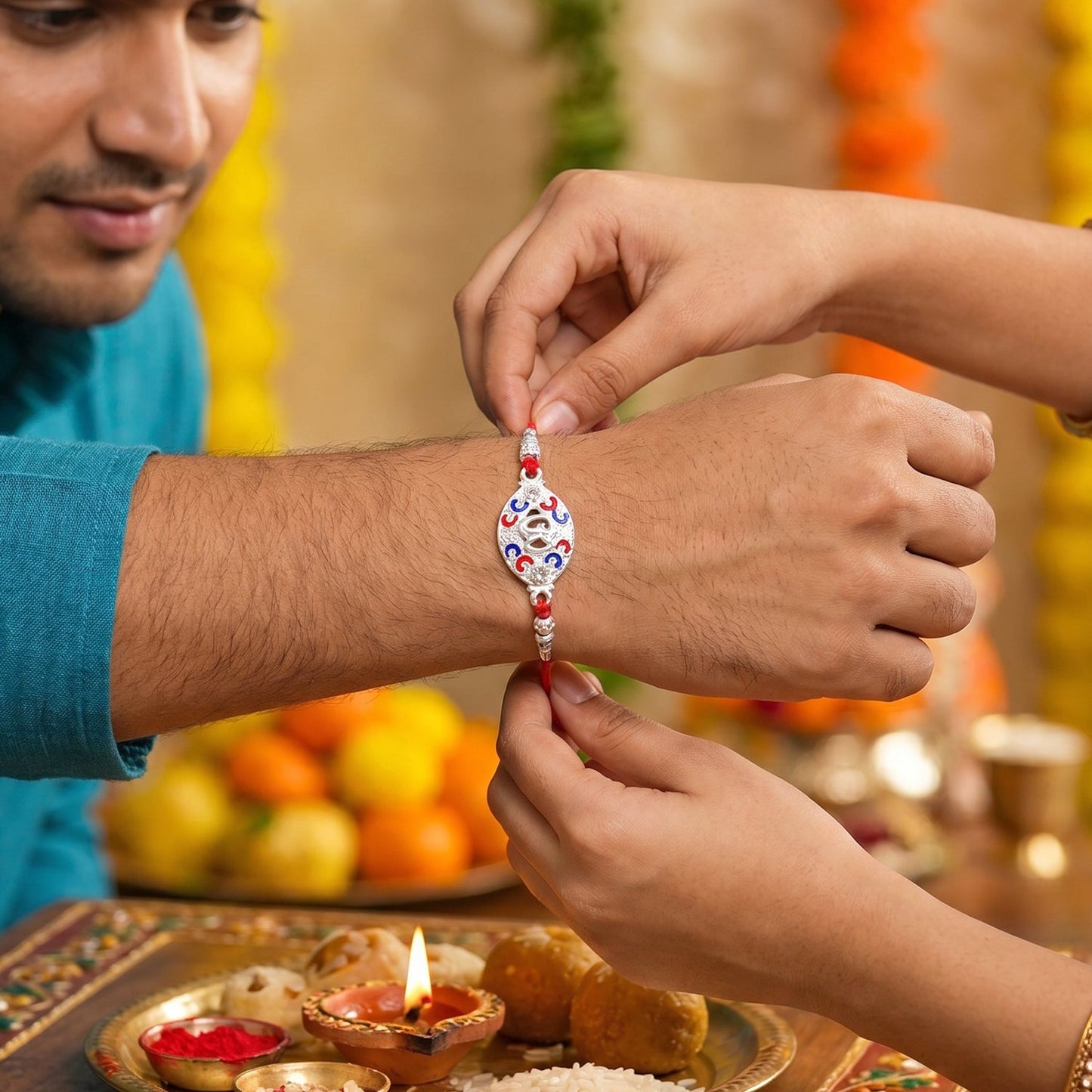 Red thread and detailed finish of traditional Rakhi with colorful accents