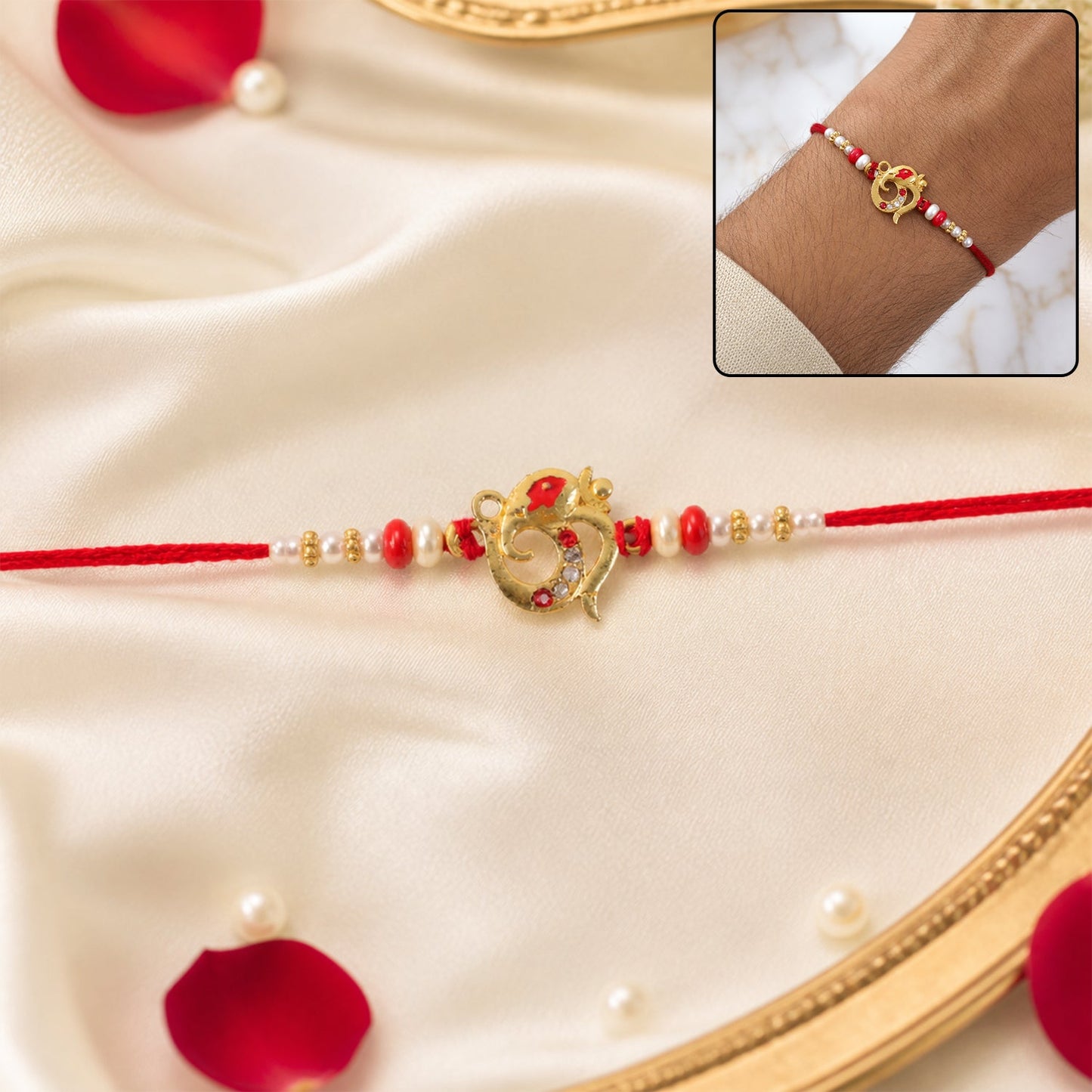 Decorative Rakhi featuring red beads and intricate pearl dotted thread design