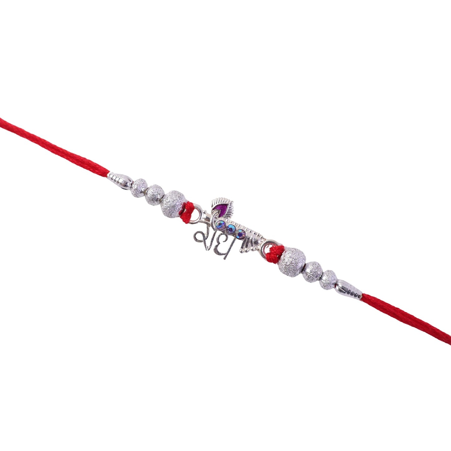 Decorative beads on Radhe Silver Rakhi for Raksha Bandhan.