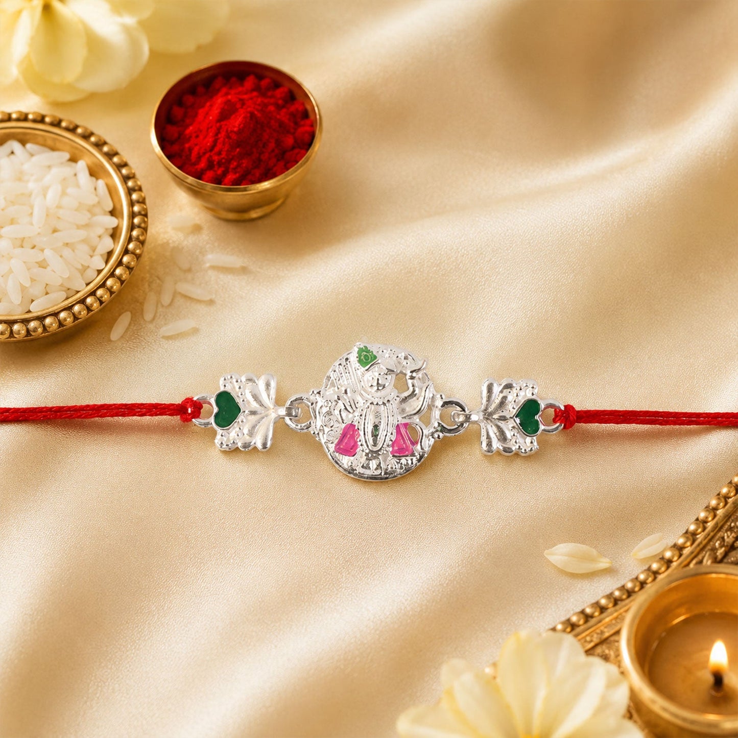 Close-up of intricate pink and green stone design on Silver Shrinathji Rakhi