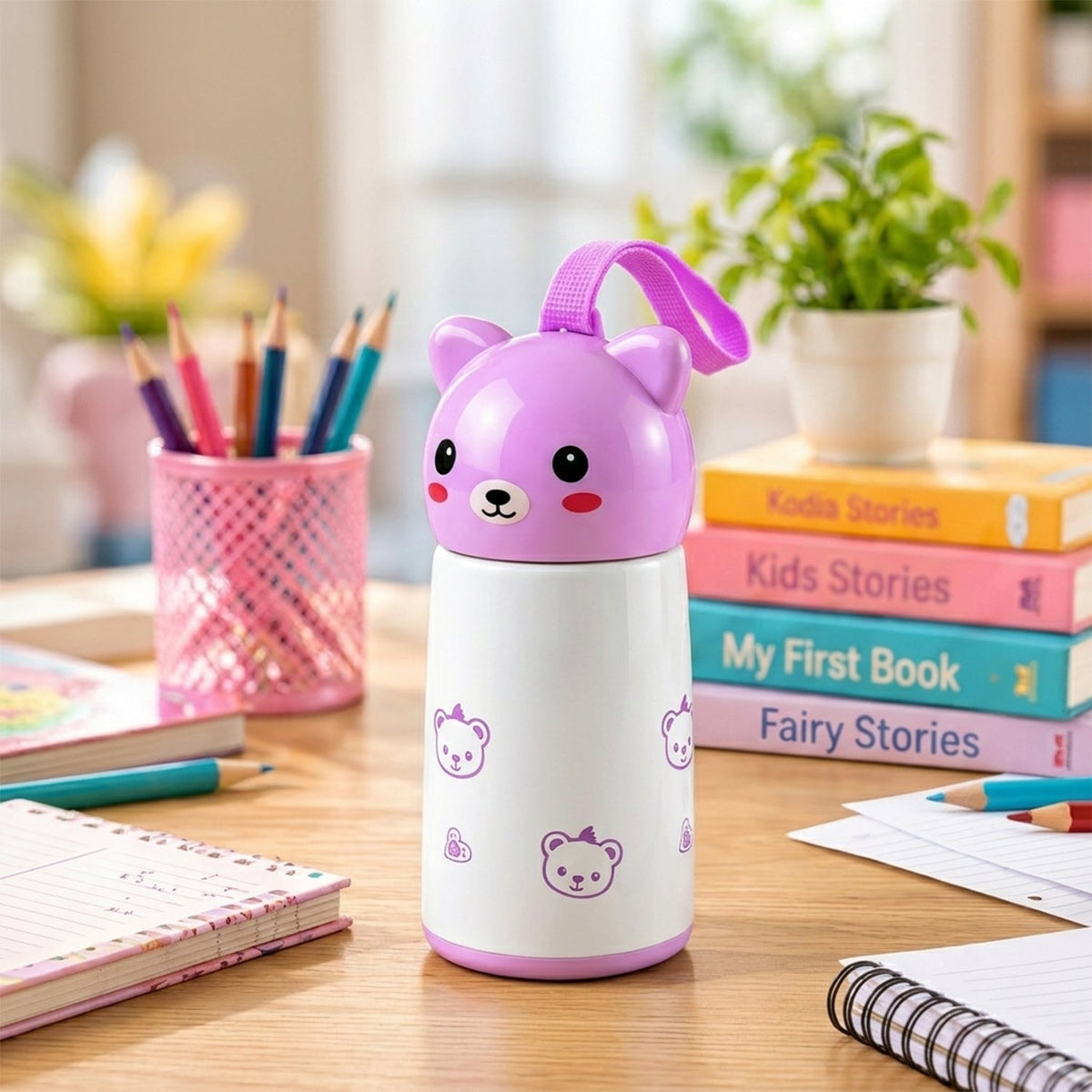 Mini Vacuum Water Bottle with Bunny Cap and Carry Strap 220ml (1 Pc)