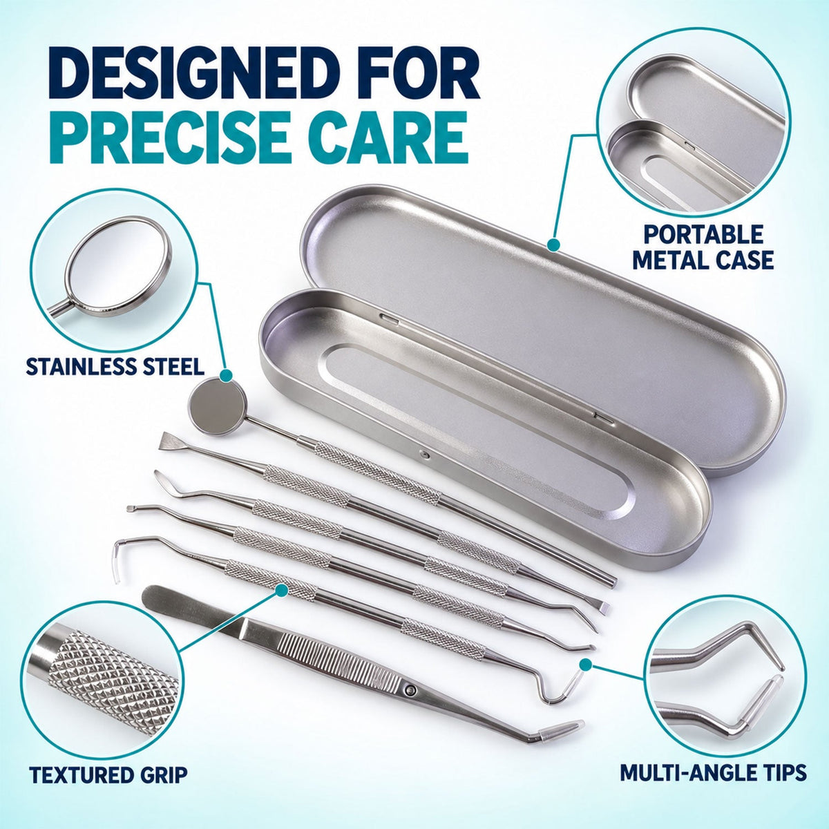 Stainless Steel Dental Tool Set with Mirror, Tweezers & Travel Case (1 Set)