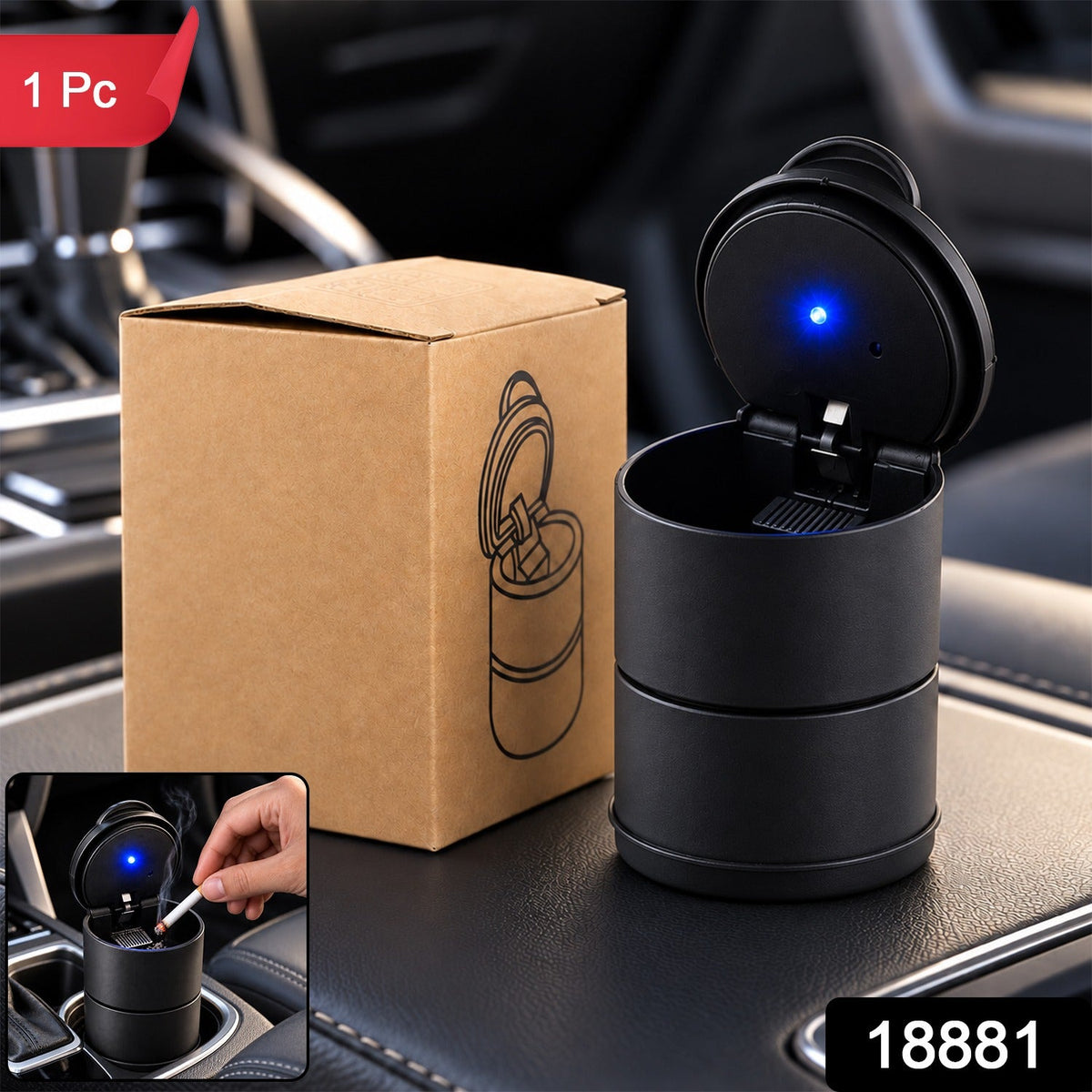 A black car ashtray with a blue LED light open, next to a brown box, with a small inset showing a hand holding a lit