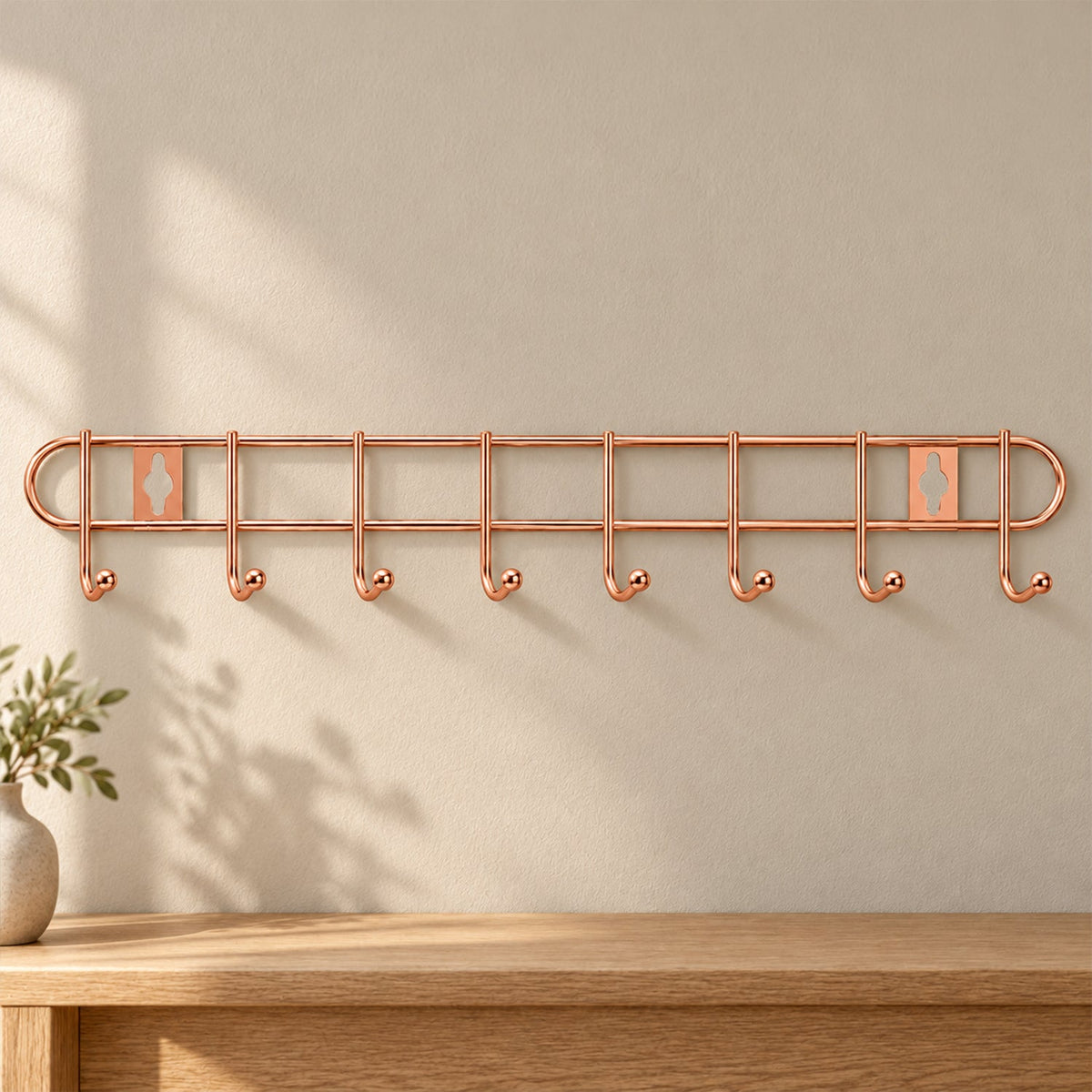 Rose Gold Steel Wall Hanger Rack for Keys, Towels and Bag Storage (8 Hooks)