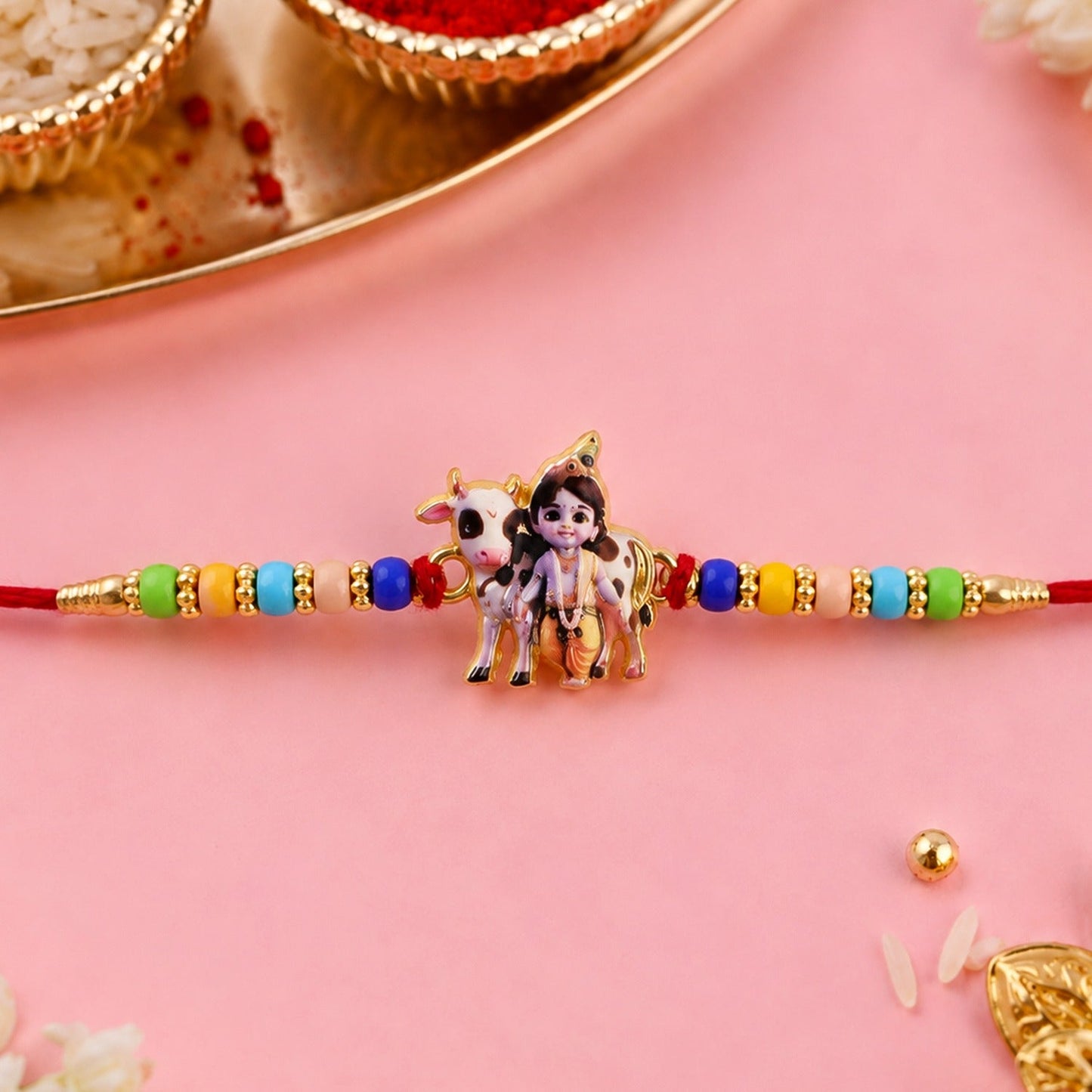 Lord Krishna Rakhi with vibrant beads and soft thread for Raksha Bandhan.