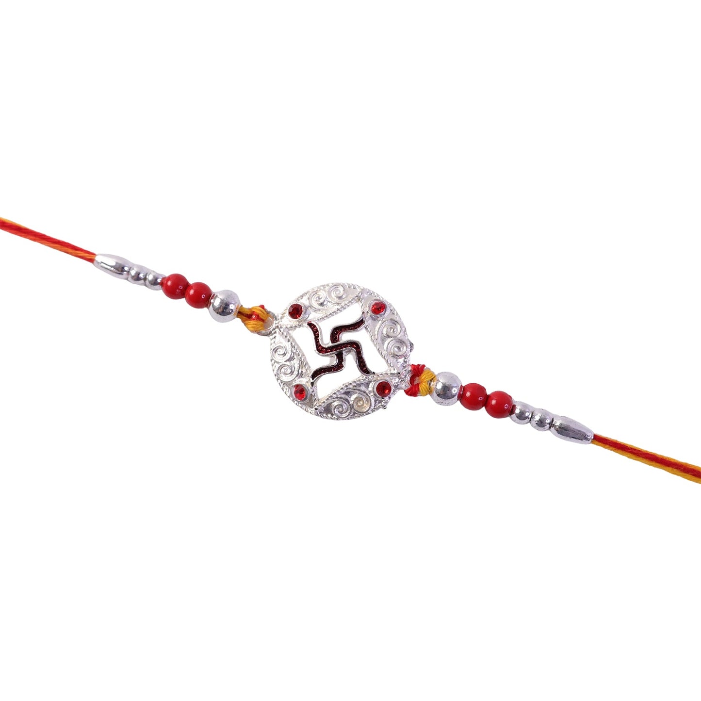 Traditional silver swastik rakhi displayed flat