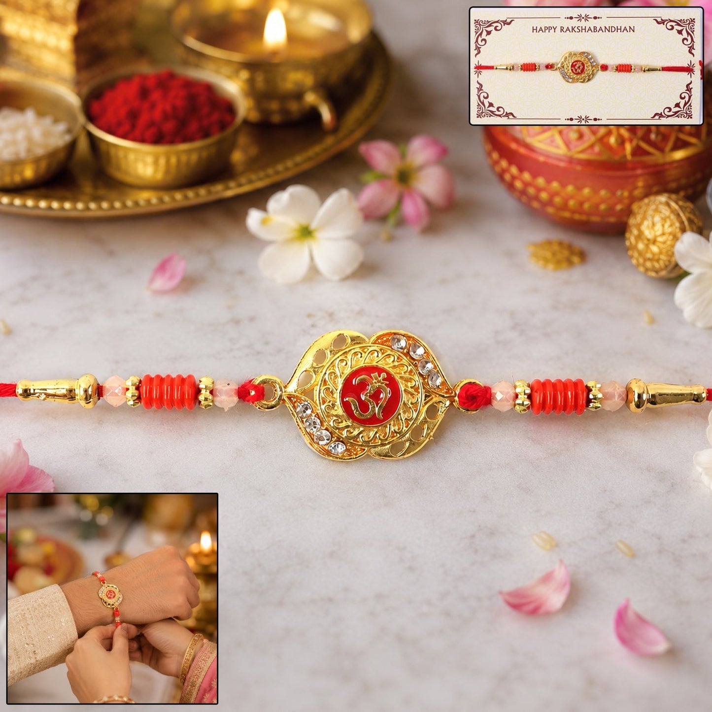 OM Antique Floral Designer Rakhi with floral centerpiece.