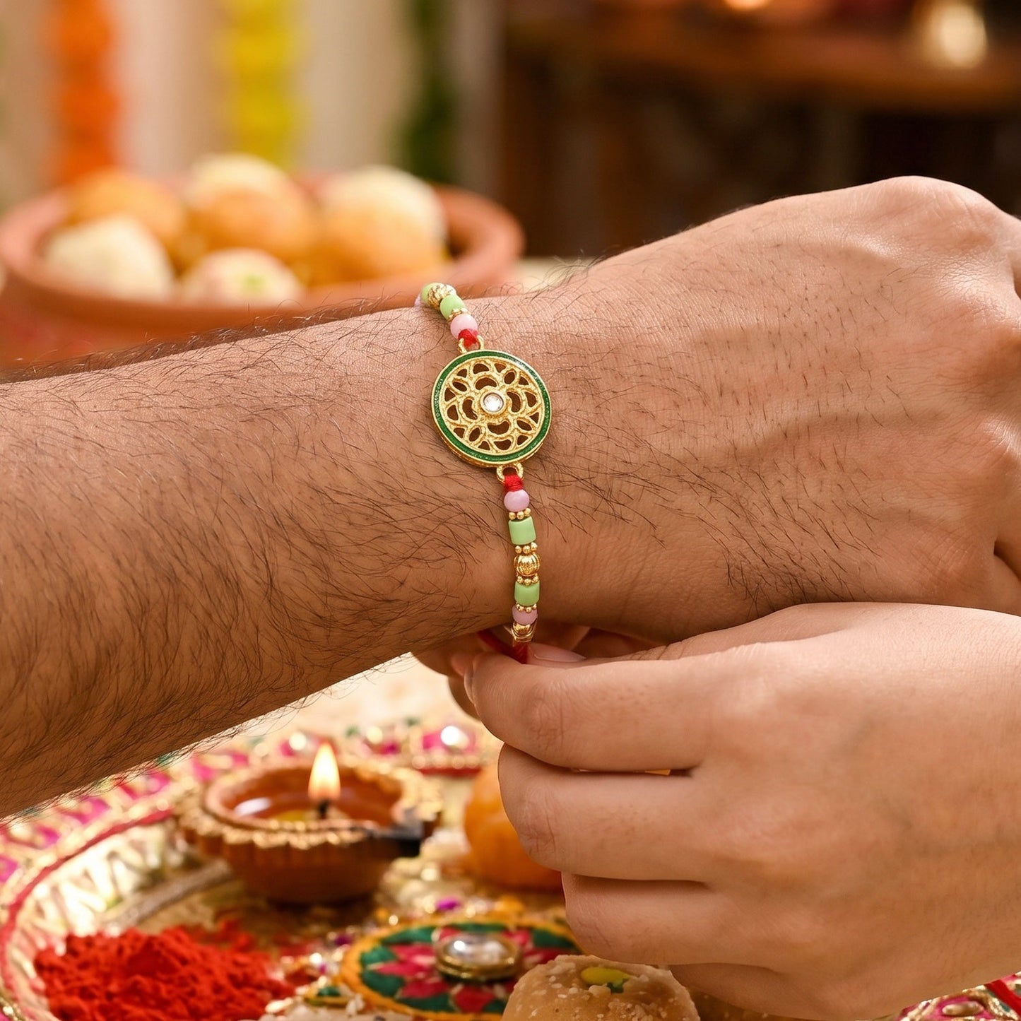 Designer Rakhi with decorative beads and centerpiece details