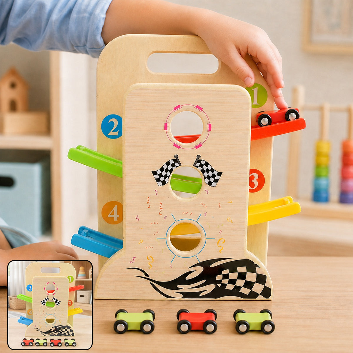 Wooden Ramp Racer Race Track Vehicle Play sets With 4 Mini Racers (with Handle)