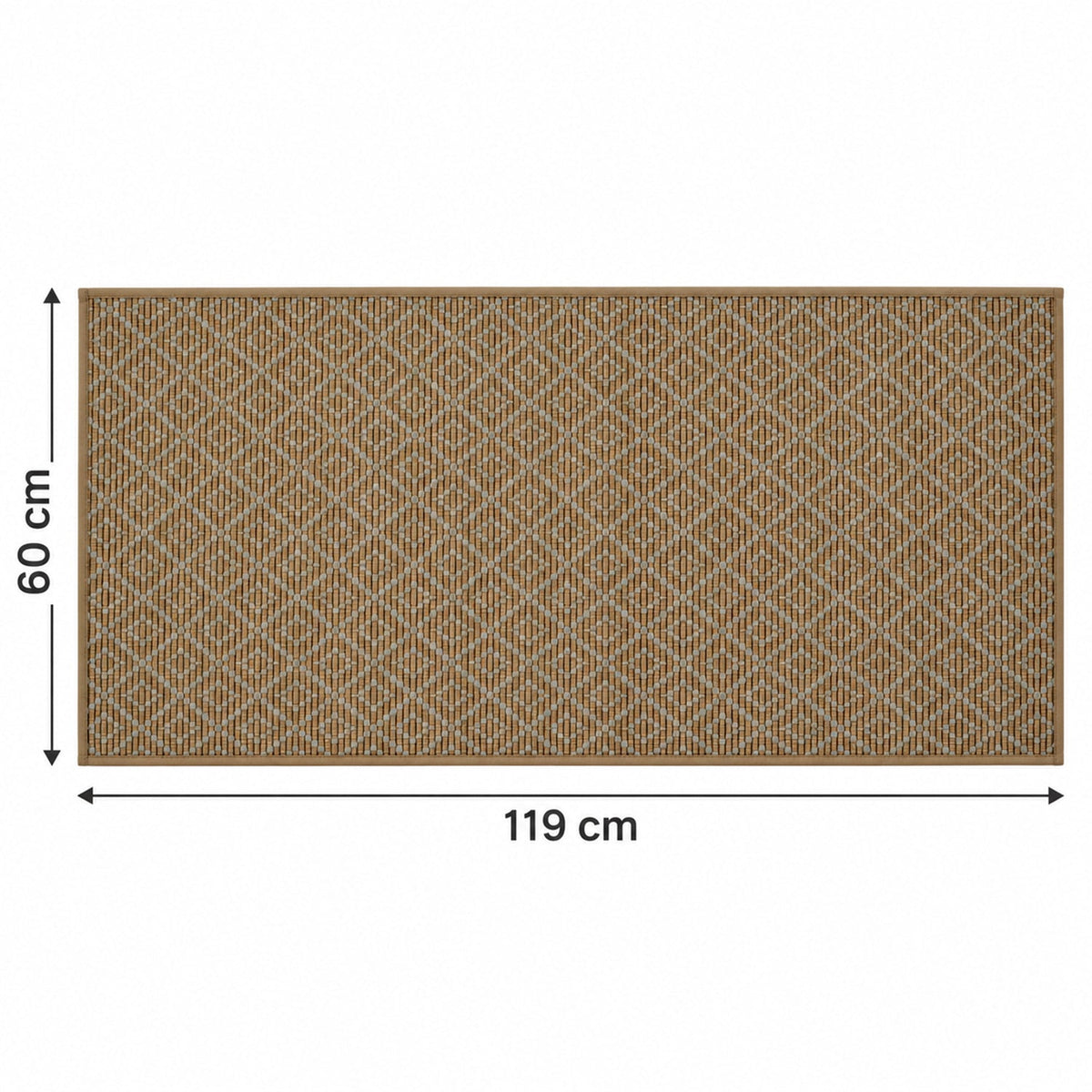 A top-down view of the brown diamond pattern runner mat with measurements of 60 cm by 119 cm.