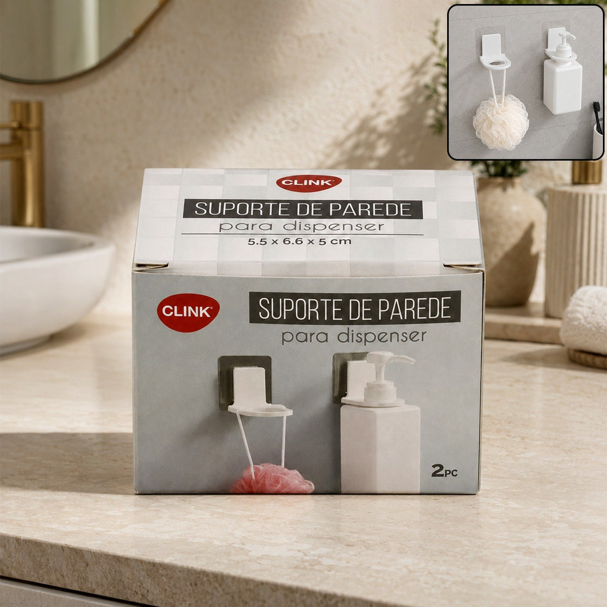 Product box for wall-mounted dispenser holders, showing a white holder with a loofah and another with a bottle.