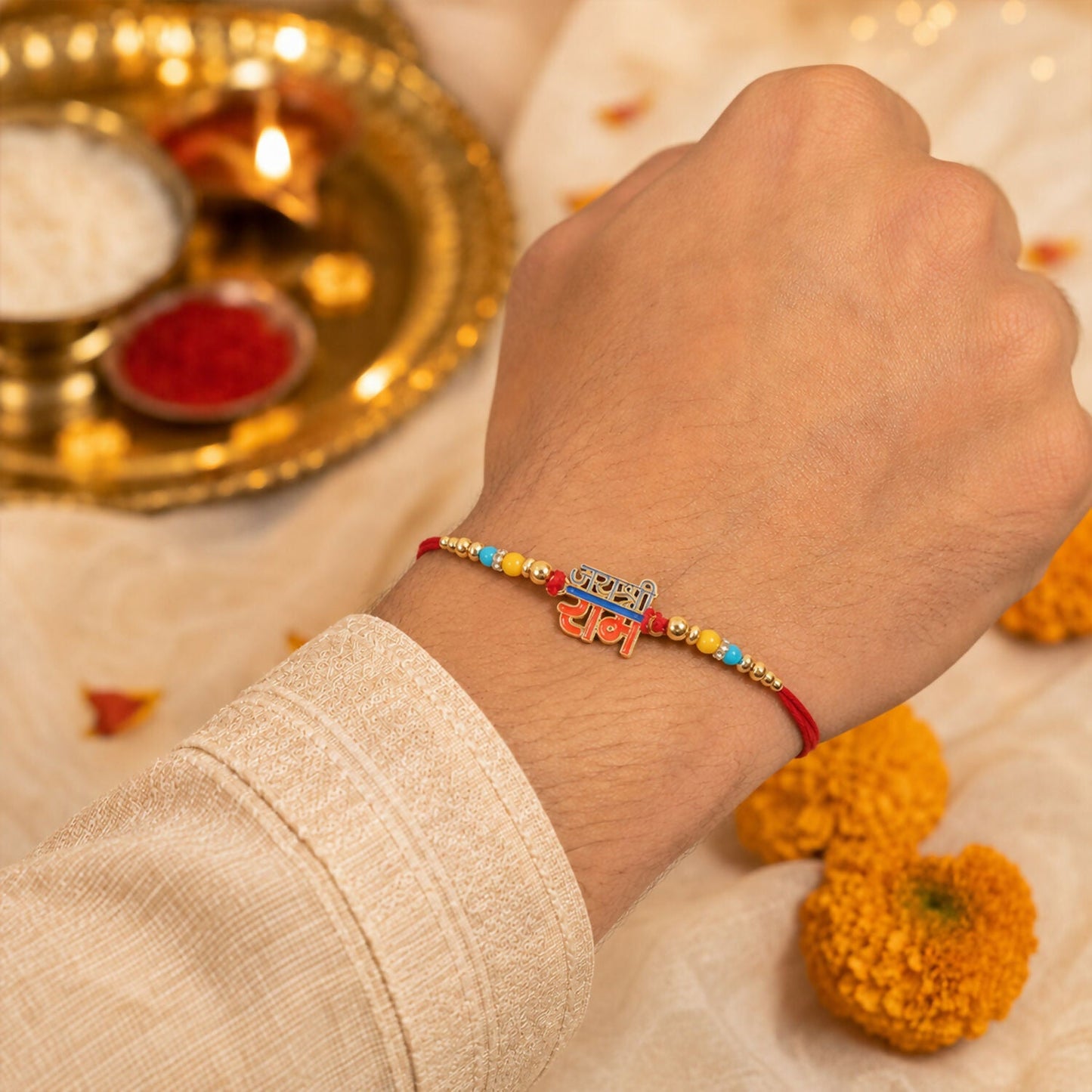 Decorative Jai Shri Ram Rakhi with vibrant beads, perfect for Raksha Bandhan