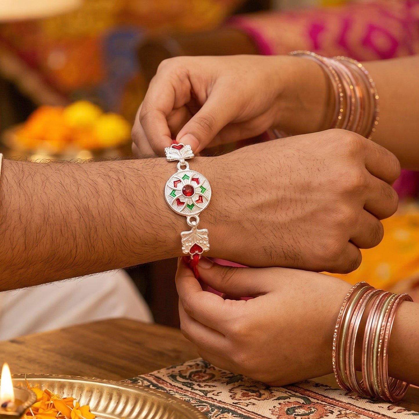 Traditional silver rakhi with festive thread and beaded design
