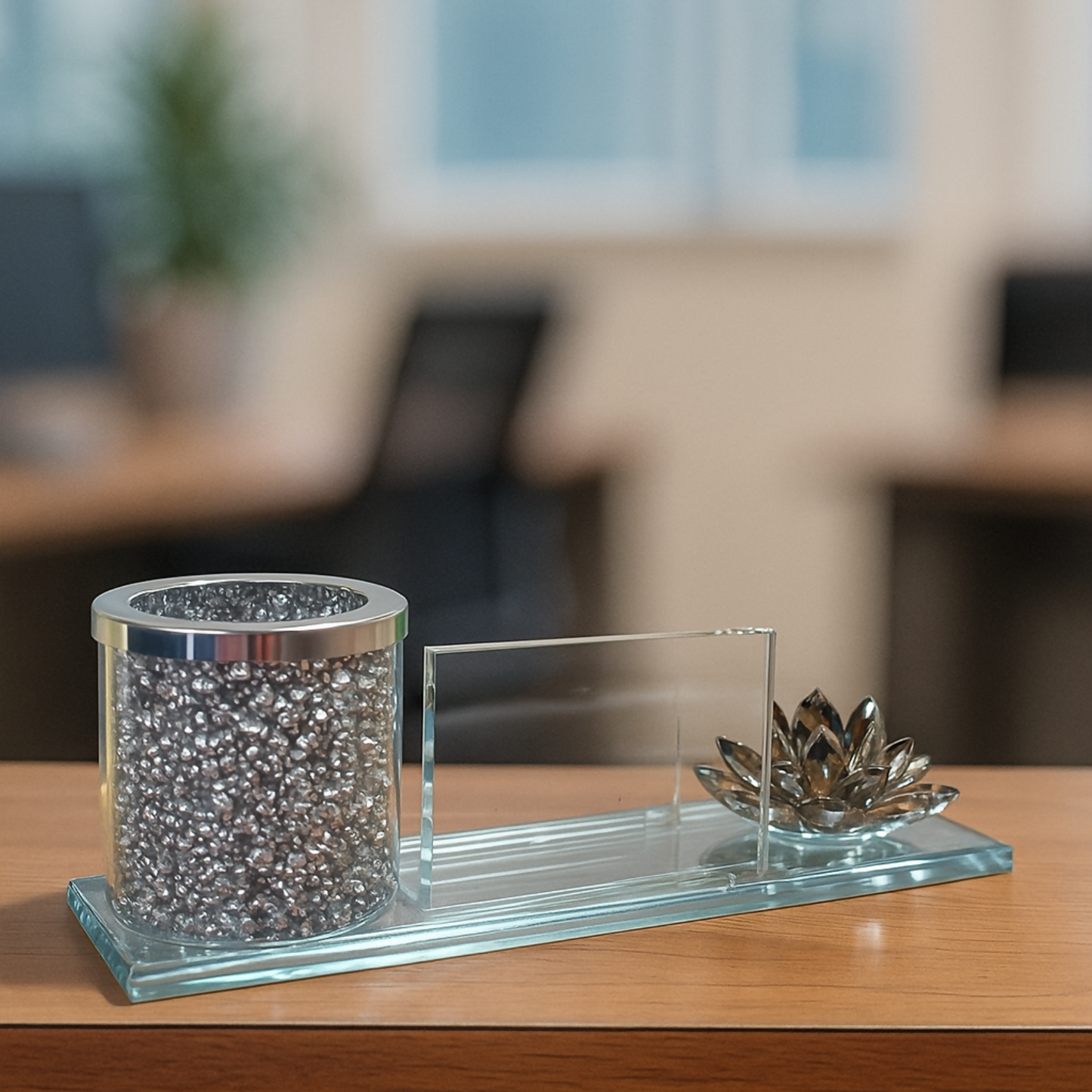 Luxury Glass Pen Stand and Card Holder with Crystal Lotus & Glitter Decor