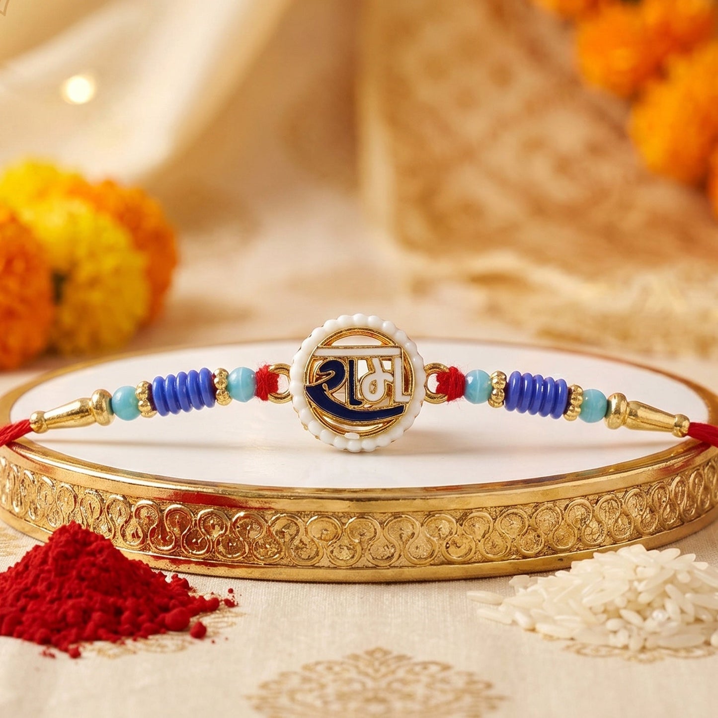Designer Rakhi with Devnagari script and vibrant bead embellishments