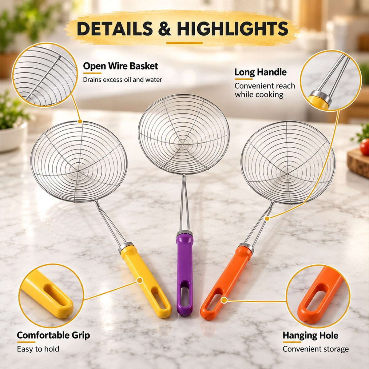 Stainless Steel Frying Oil Strainer Skimmer Spoon with Plastic Handle, Set of 3