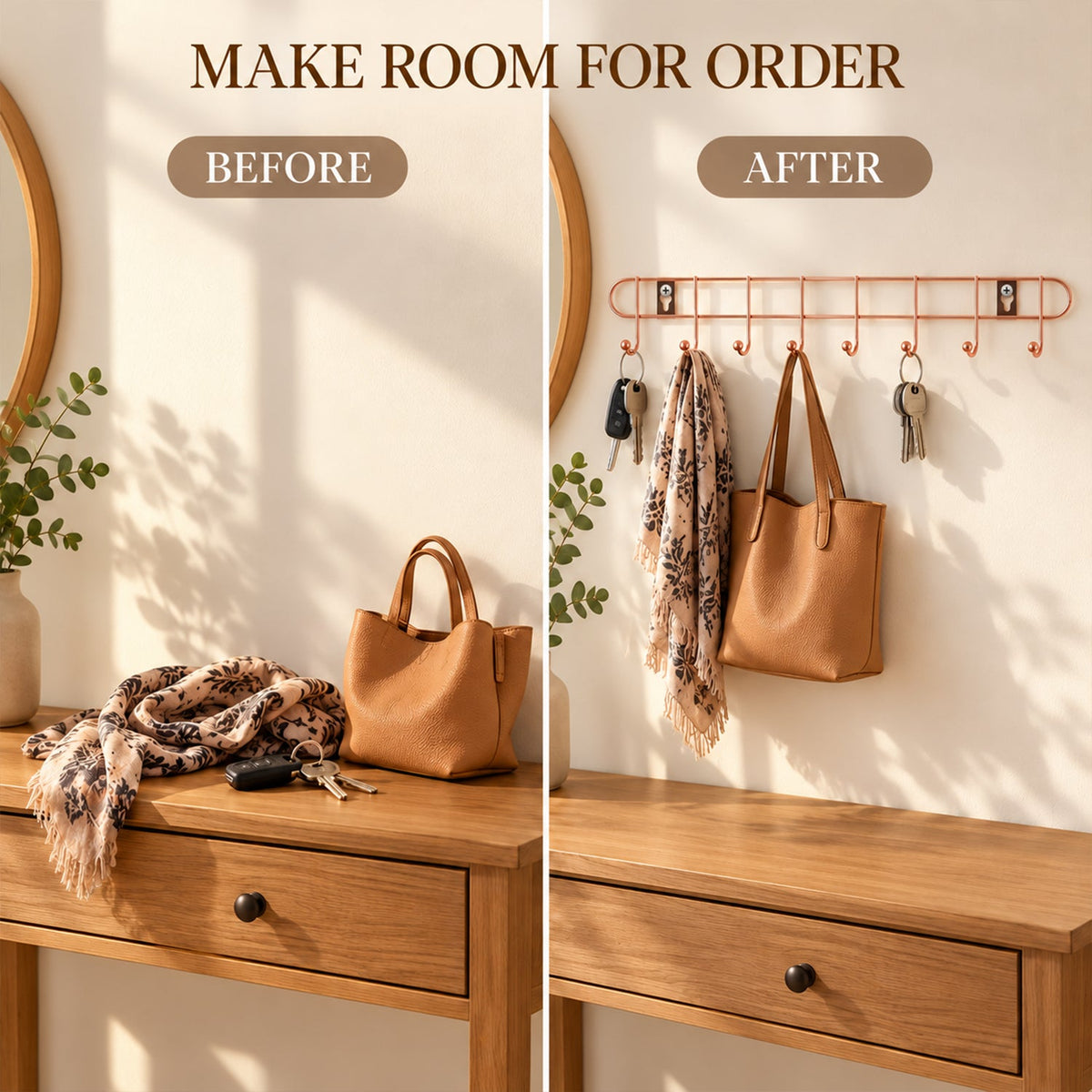 Rose Gold Steel Wall Hanger Rack for Keys, Towels and Bag Storage (8 Hooks)