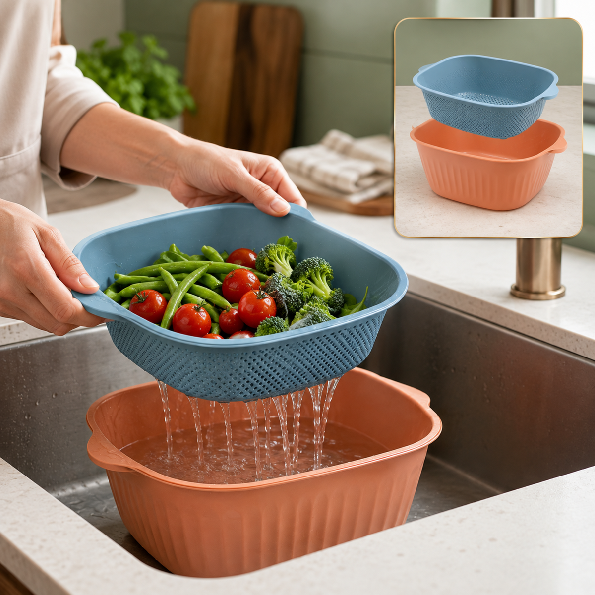 Plastic Washing Bowl & Strainer Basket for Kitchen Use