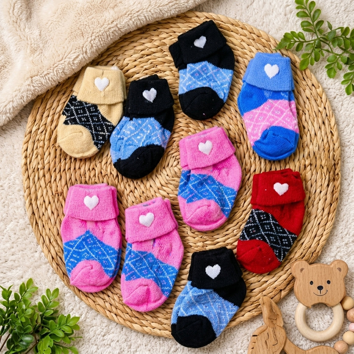 Soft Warm Baby Socks with Heart Design and Folded Cuffs (12 Pairs)