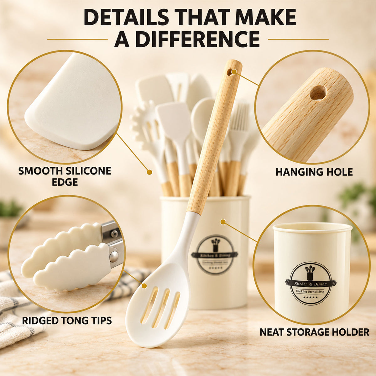 Silicone Kitchen Utensil Set with Wooden Handles and Storage Holder (12 Pc)
