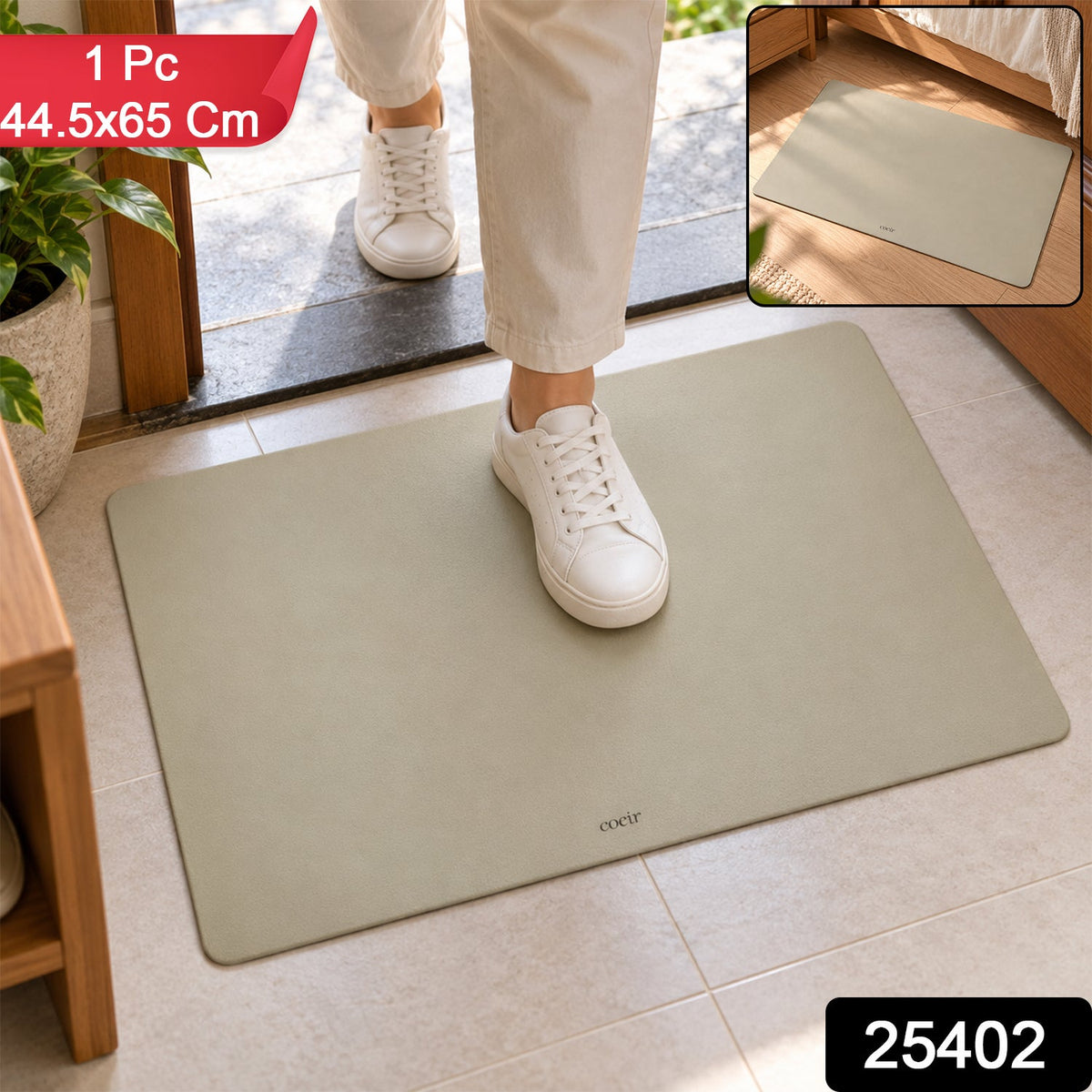 A person in white sneakers steps onto a light beige rectangular floor mat, with an inset showing it in a bedroom.