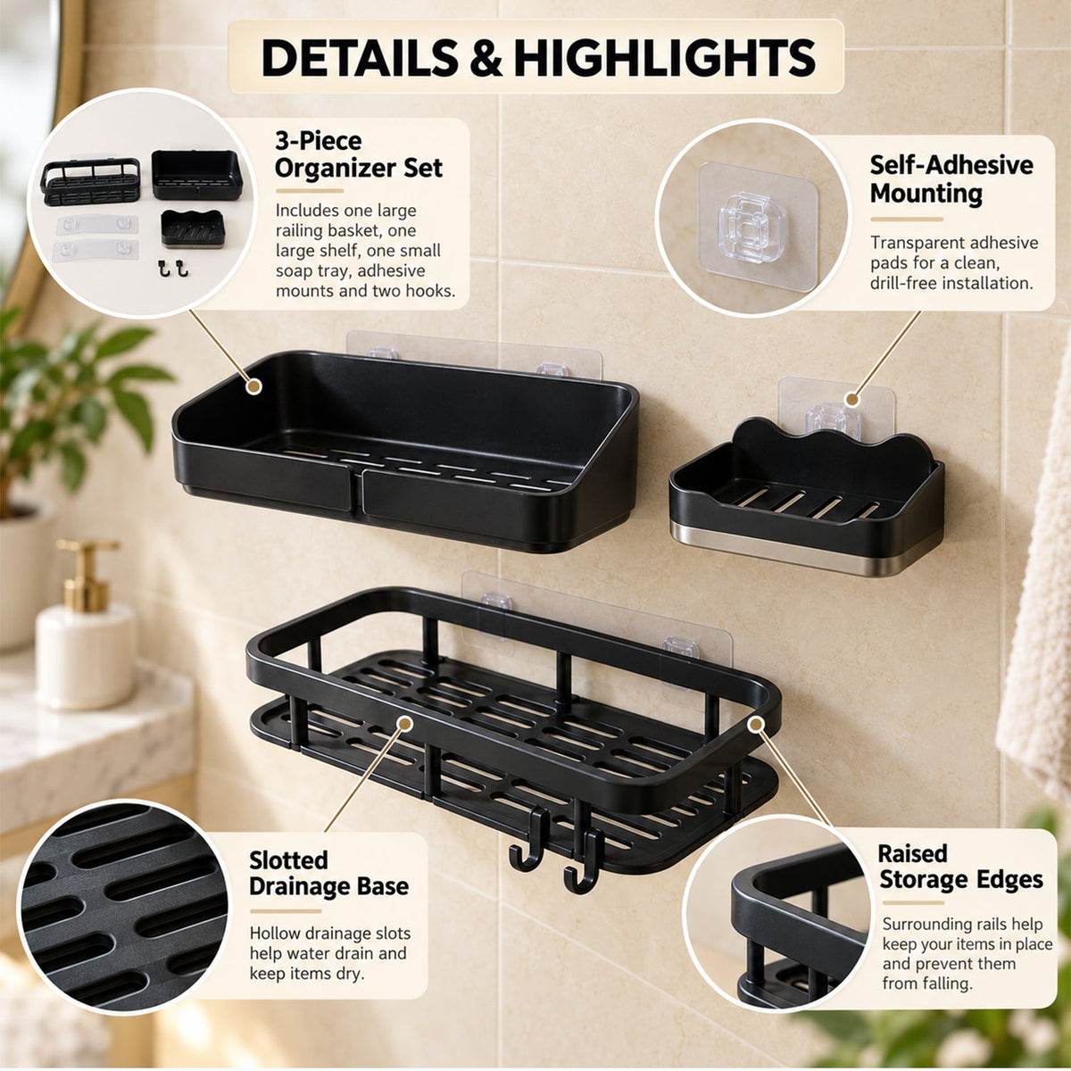 Three black plastic bathroom organizers are displayed on a tiled wall with descriptive text bubbles highlighting features.