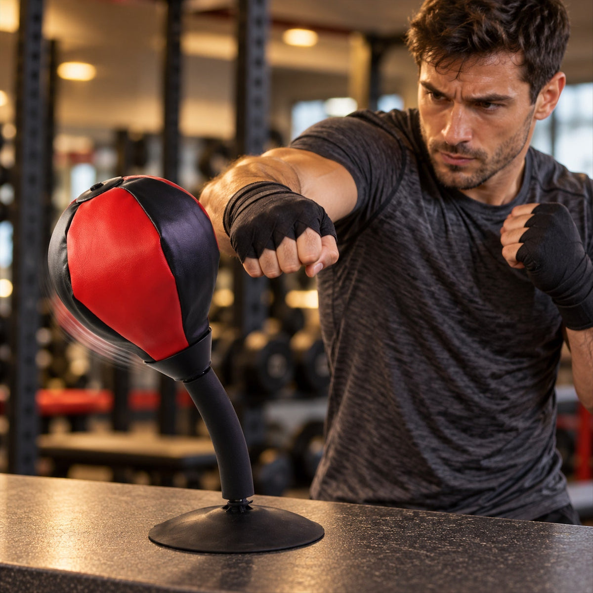A man with hand wraps punches a red and black desktop punching ball, blurred motion visible from the impact.