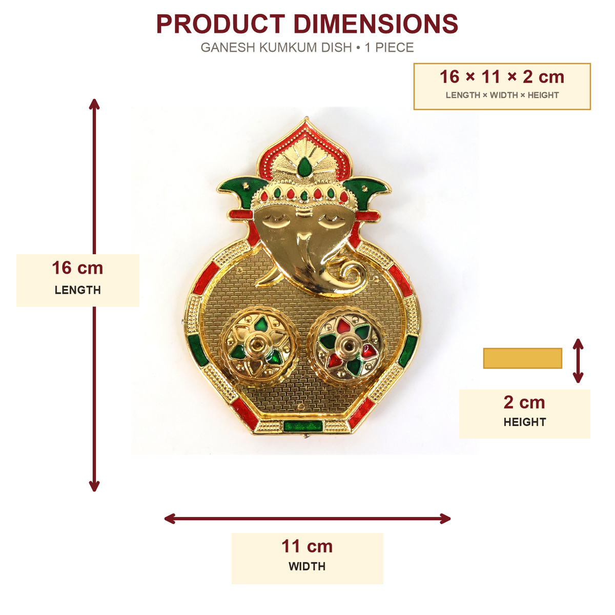 A gold Ganesh kumkum dish with measurements indicating 16 cm length, 11 cm width, and 2 cm height.