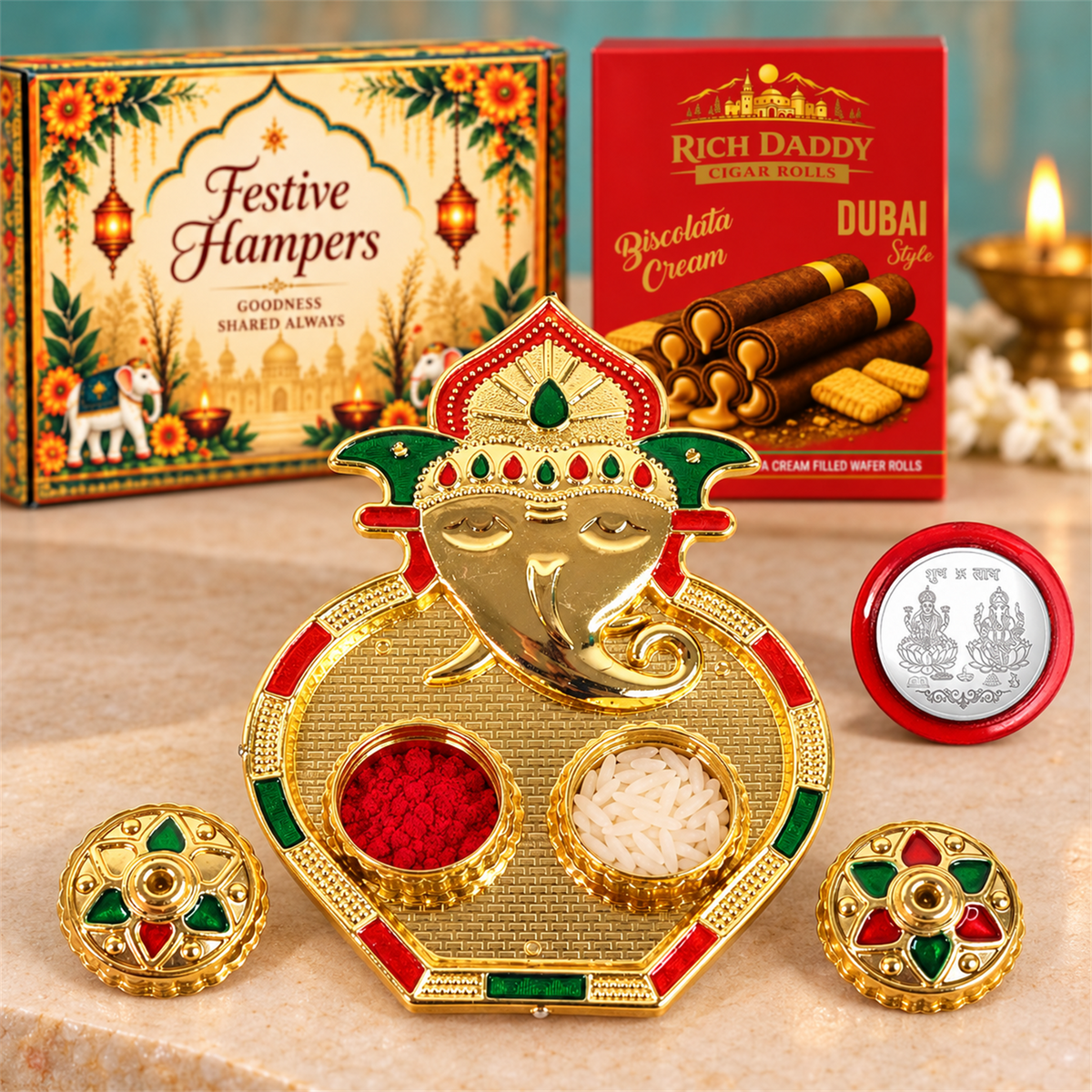 A gold Ganesh kumkum dish filled with red powder and white rice, with two decorative lids beside it.