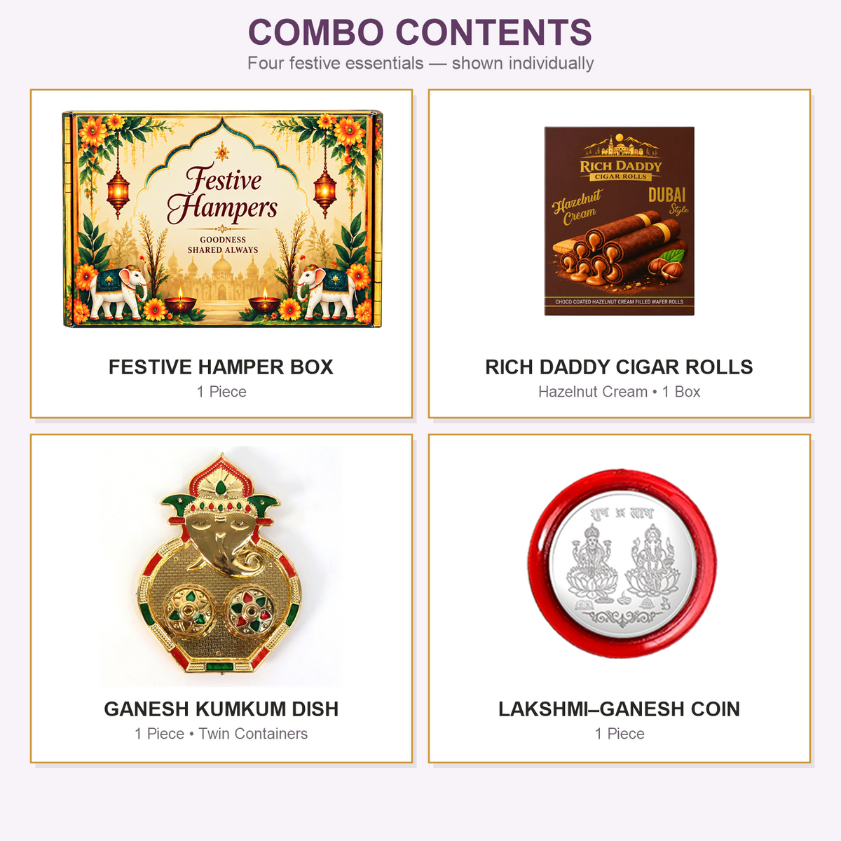 A grid showing four individual items: a festive hamper box, a box of hazelnut cream cigar rolls, a Ganesh kumkum dish, and a