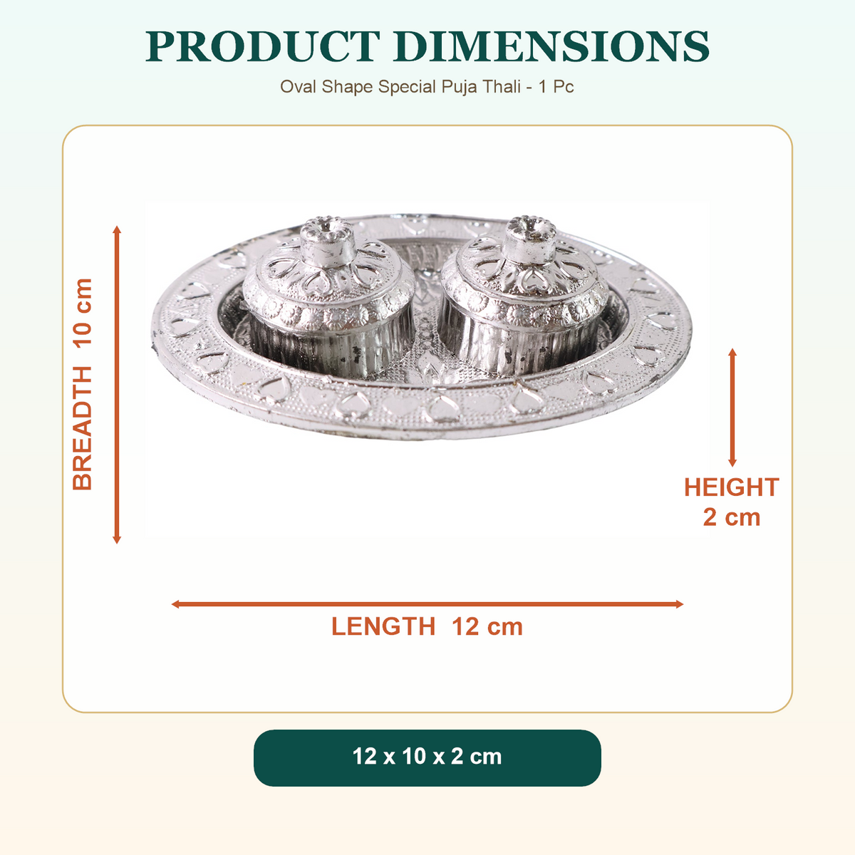 A silver oval puja thali with two small lidded containers, showing its length, breadth, and height dimensions.