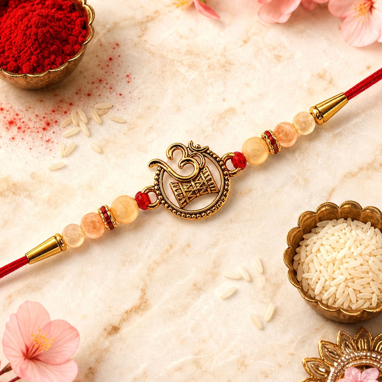 Om Swastik Rakhi with golden motif and pearl beads on vibrant red thread