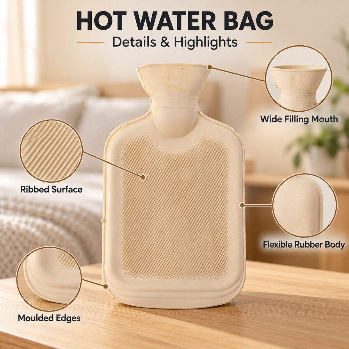 Rubber Hot Water Bag with Ribbed Surface & Wide Filling Neck for Home (1 Pc)