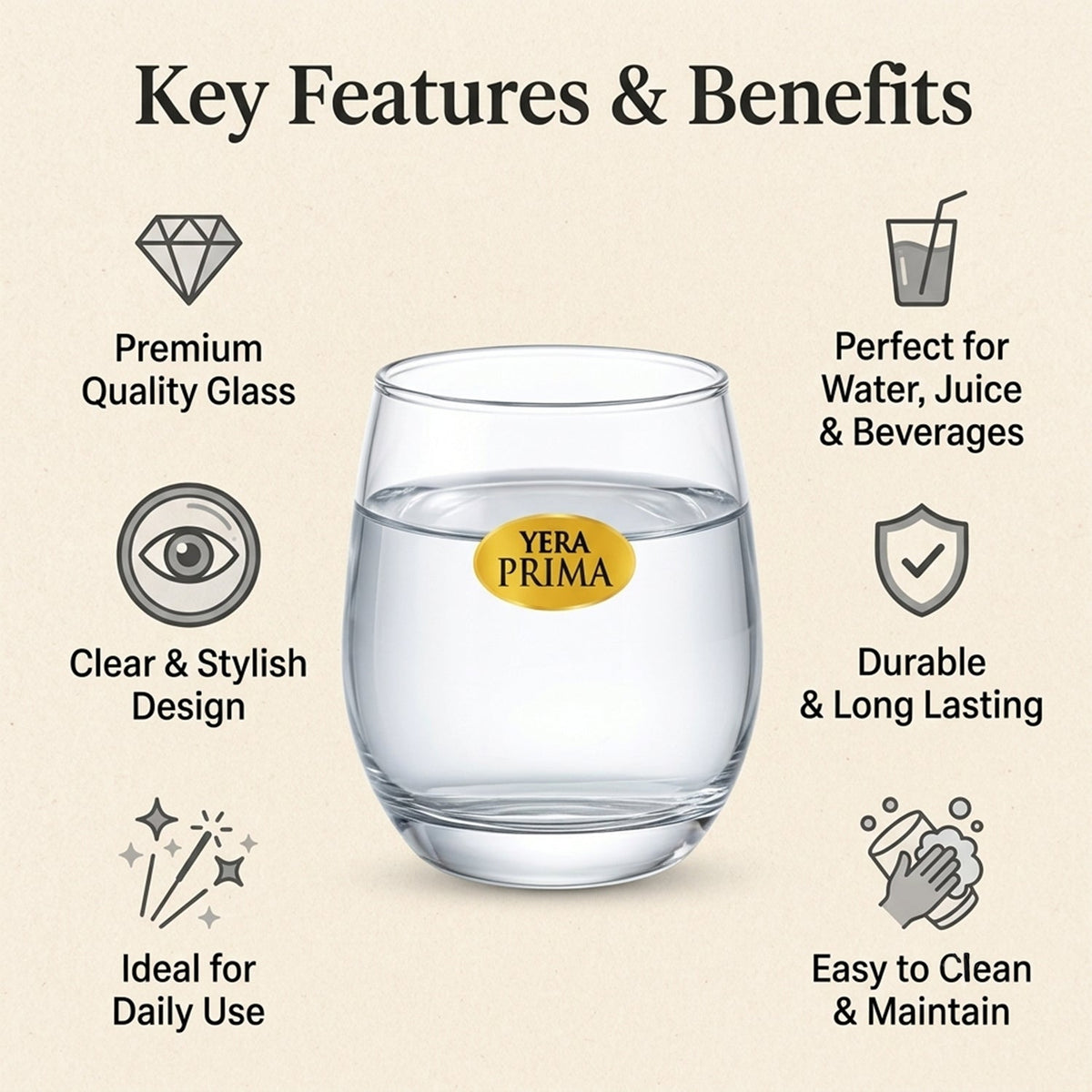 Yera Prima Bonn Clear Glass Tumbler Set for Water, Juice and Drinks (6 Pc)