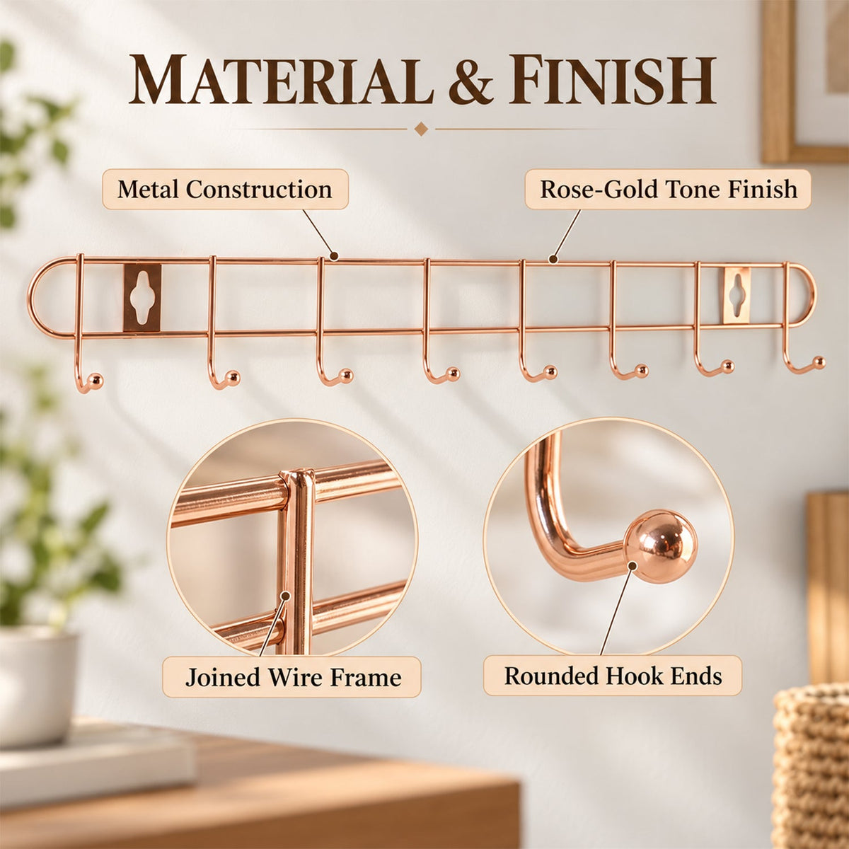 Rose Gold Steel Wall Hanger Rack for Keys, Towels and Bag Storage (8 Hooks)