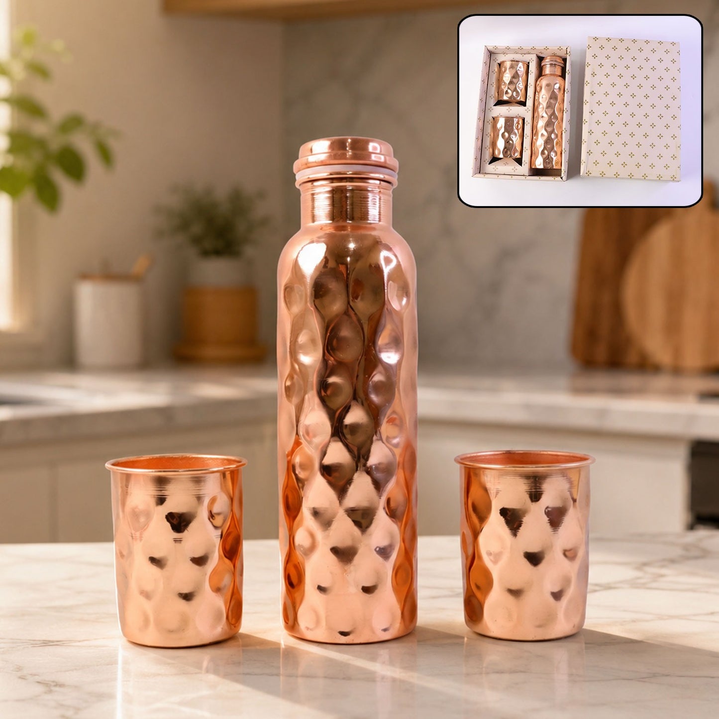 Diamond Cut Copper Water Bottle 2 Glasses with Gift Box (3 Pcs Set)