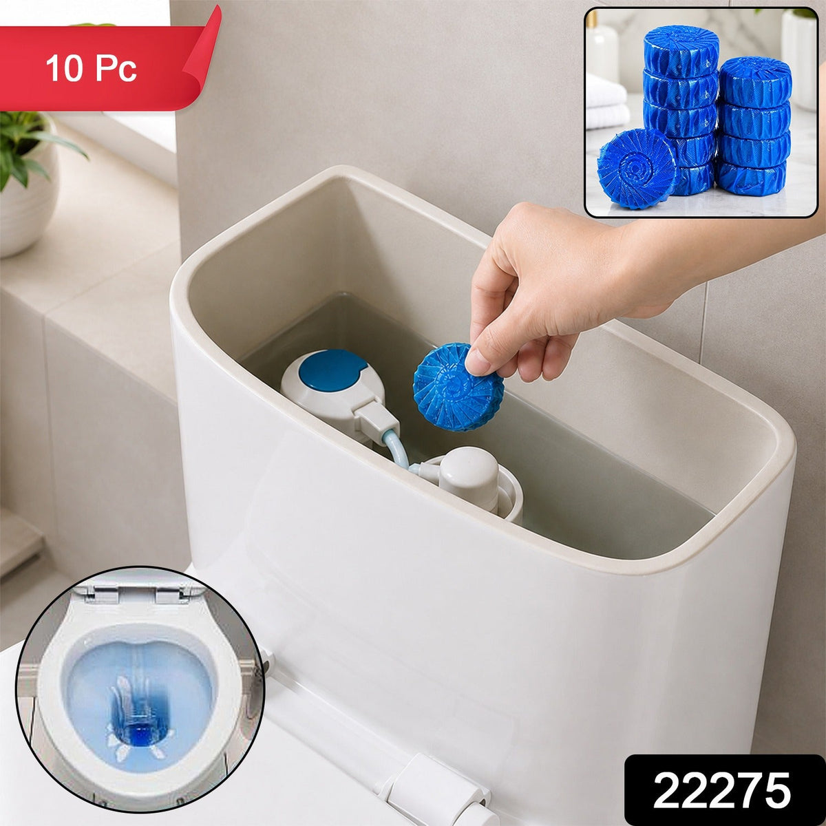 A hand drops a blue toilet cleaner tablet into a toilet tank, with an inset showing blue water in the bowl. 10 Pc banner.