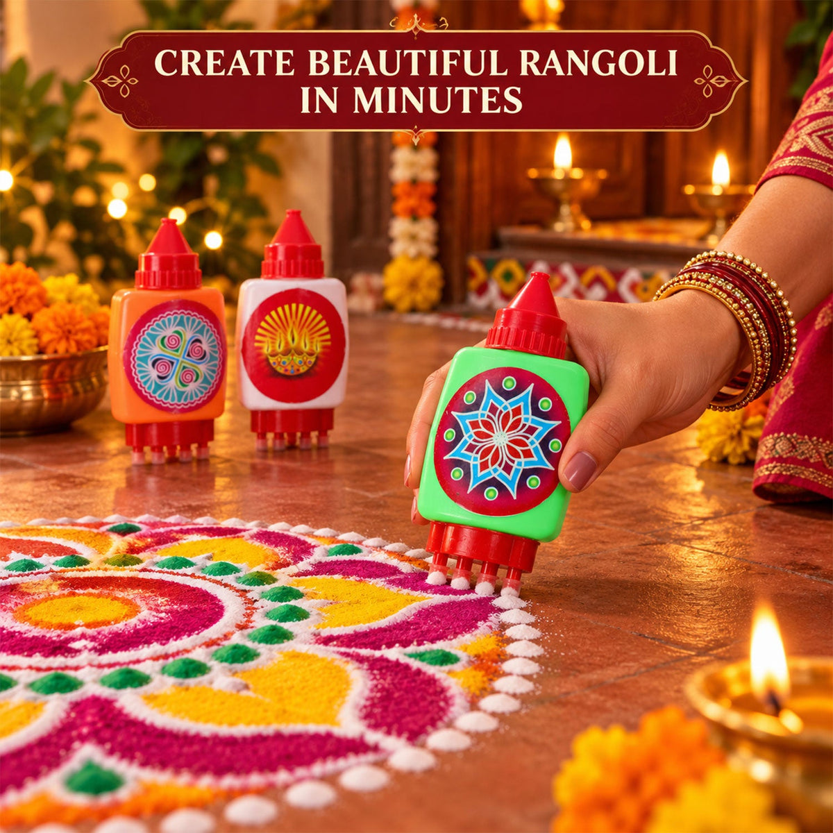 Plastic Rangoli Colour Filling Bottles with Nozzle and Dot Stamp (6 Pc)