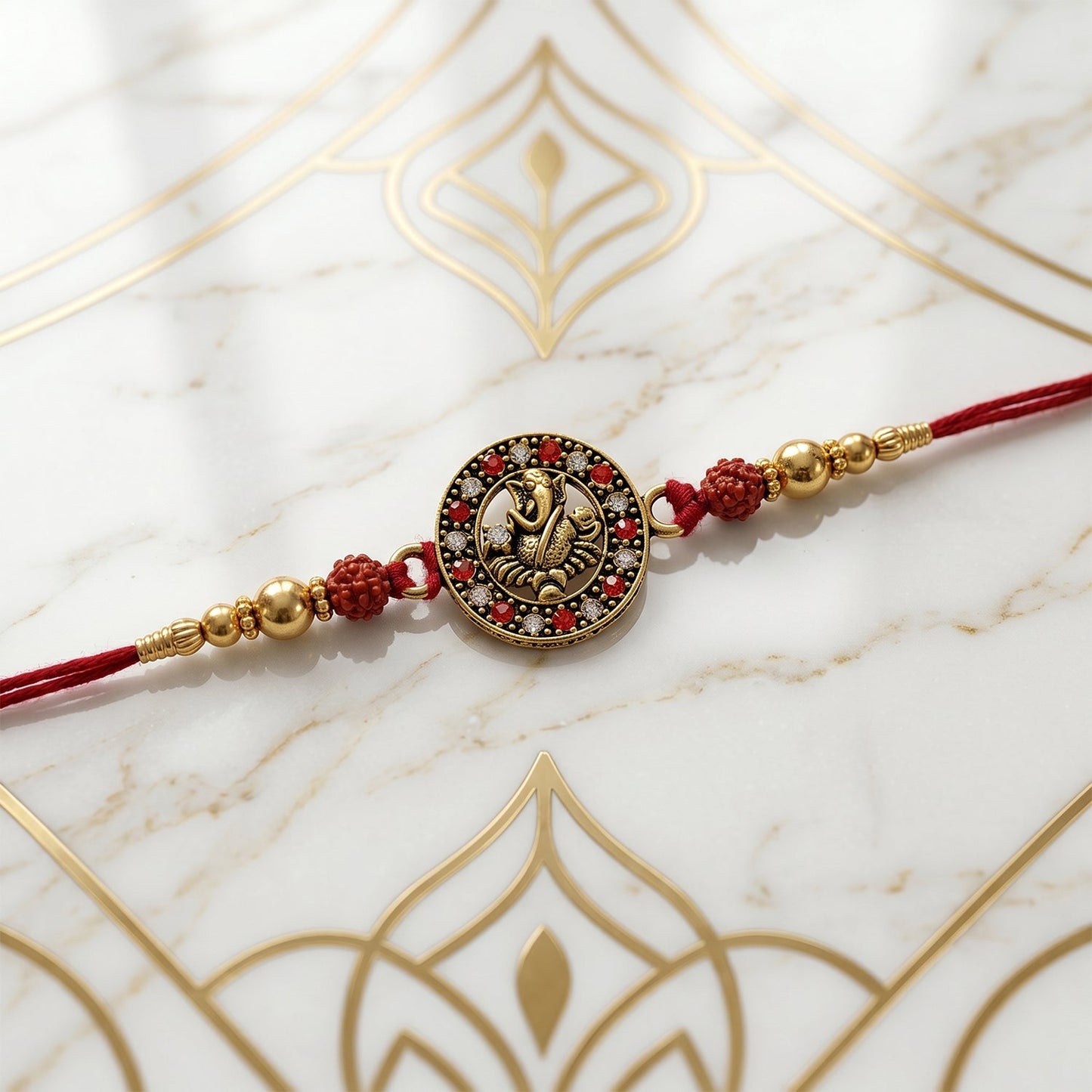 Golden Ganesh centerpiece on Rakhi with red thread, celebration-ready