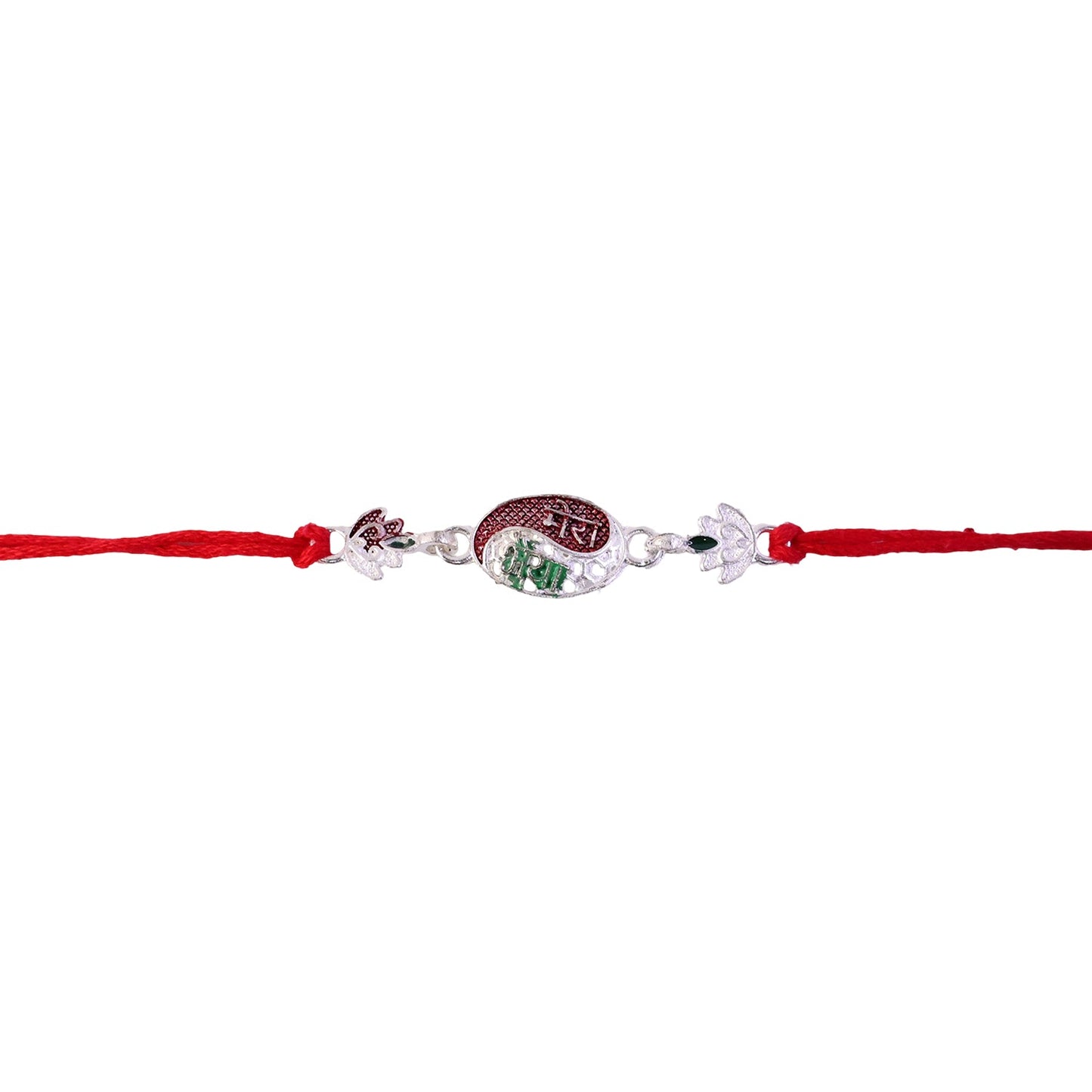 Detailed shot highlighting the intricate design of the Bhai Rakhi.